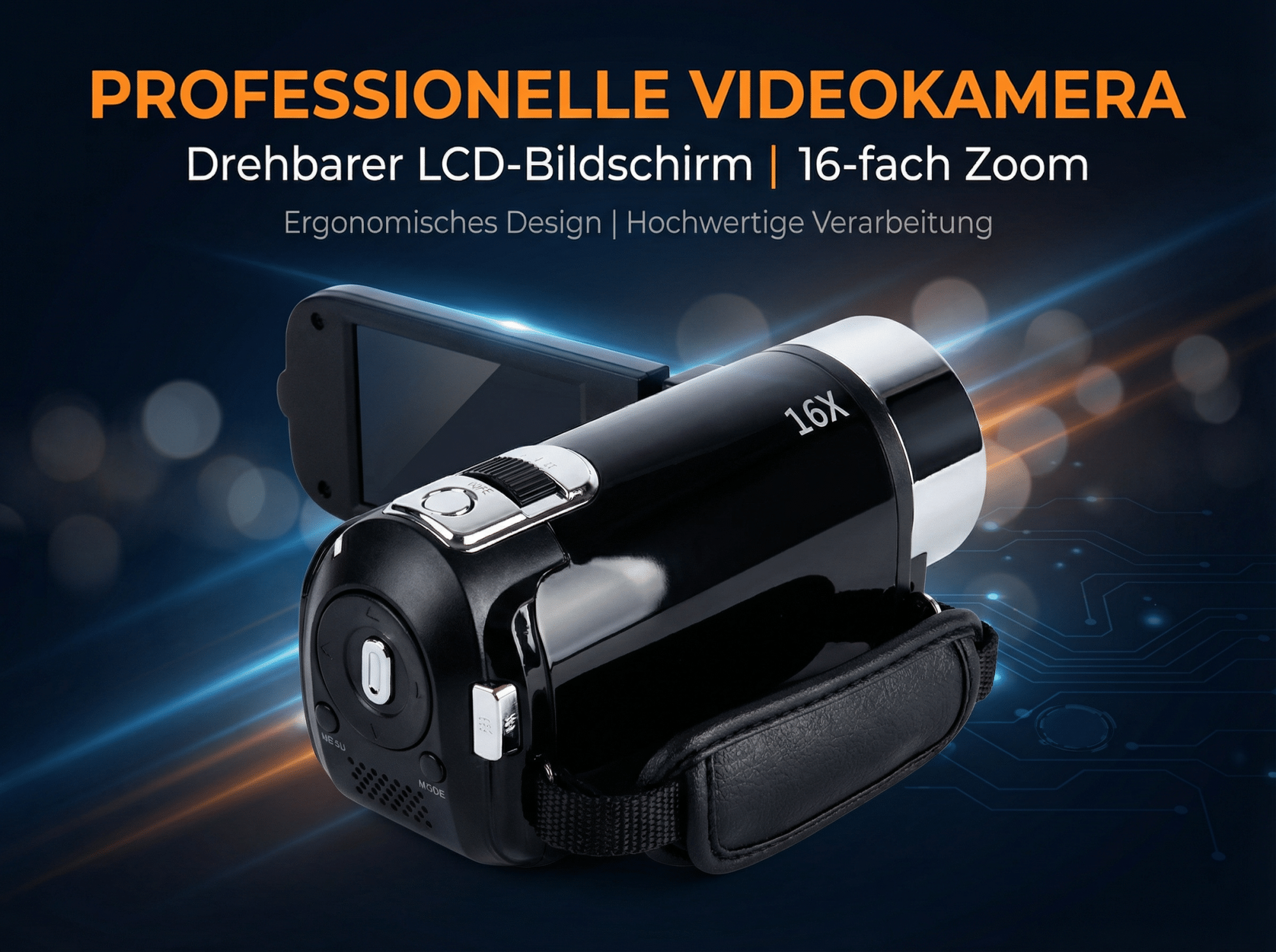 Schwarze Videokamera mit 16-fachem Zoom, drehbarem Bildschirm und Tragegurt.