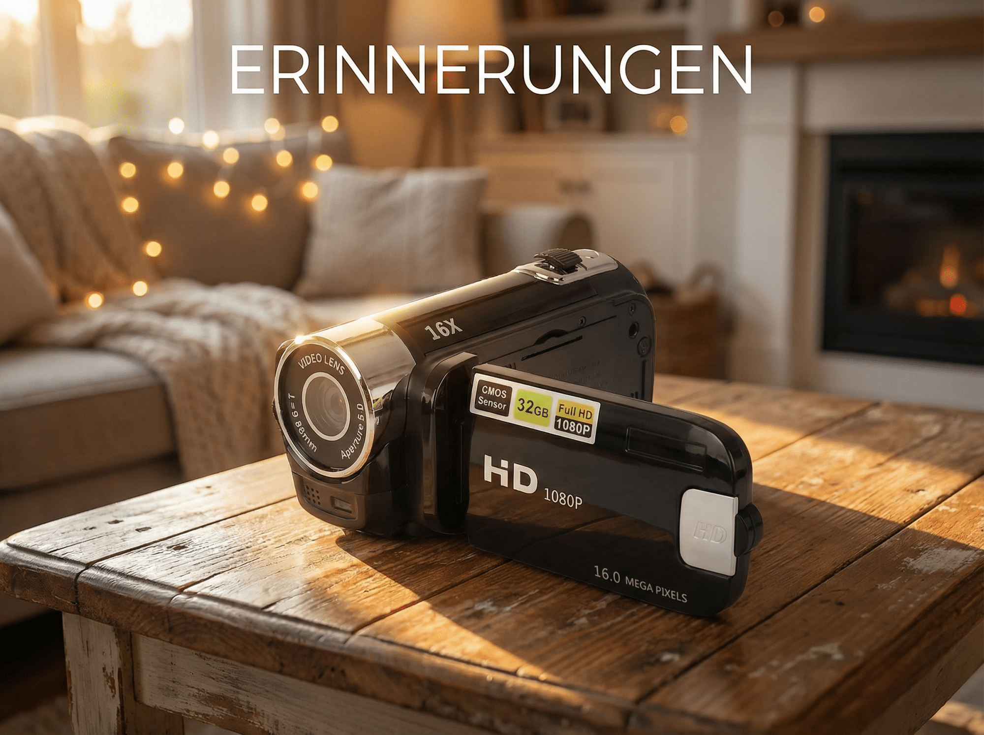 Ein Camcorder mit 16x Zoom und 1080p HD steht auf einem Holztisch.