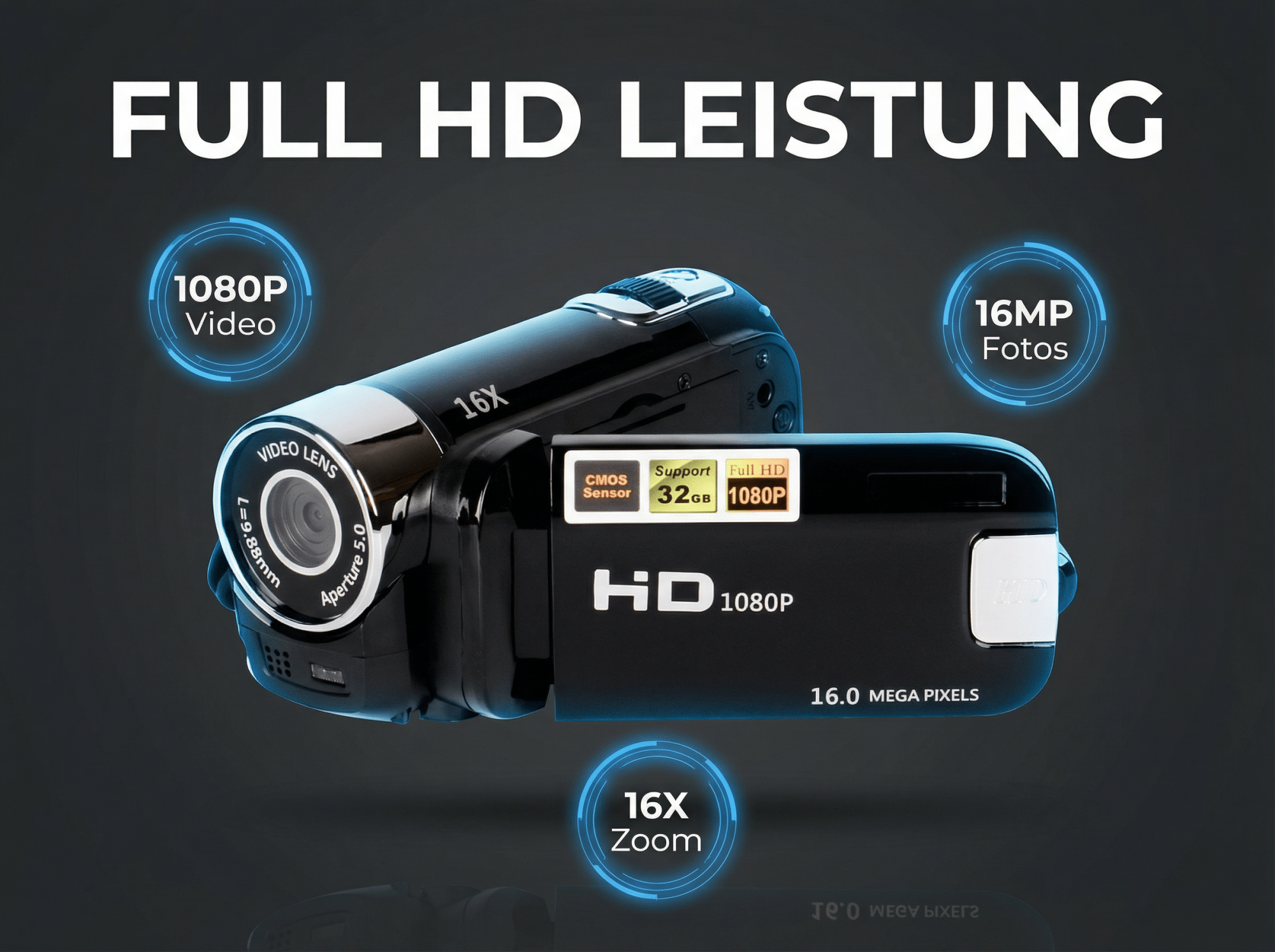 Schwarzer Camcorder mit "Full HD Leistung" Aufschrift, 1080p Video, 16MP Fotos.