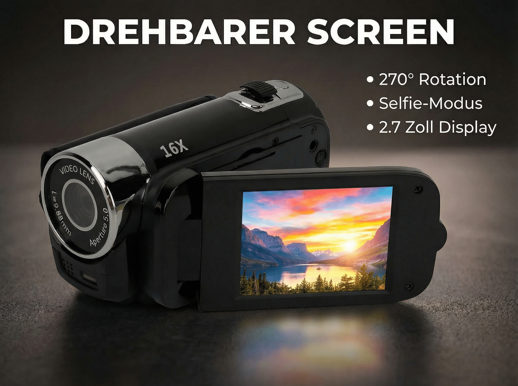 Schwarzer Camcorder mit 16x Zoom und schwenkbarem Bildschirm, zeigt Landschaft.