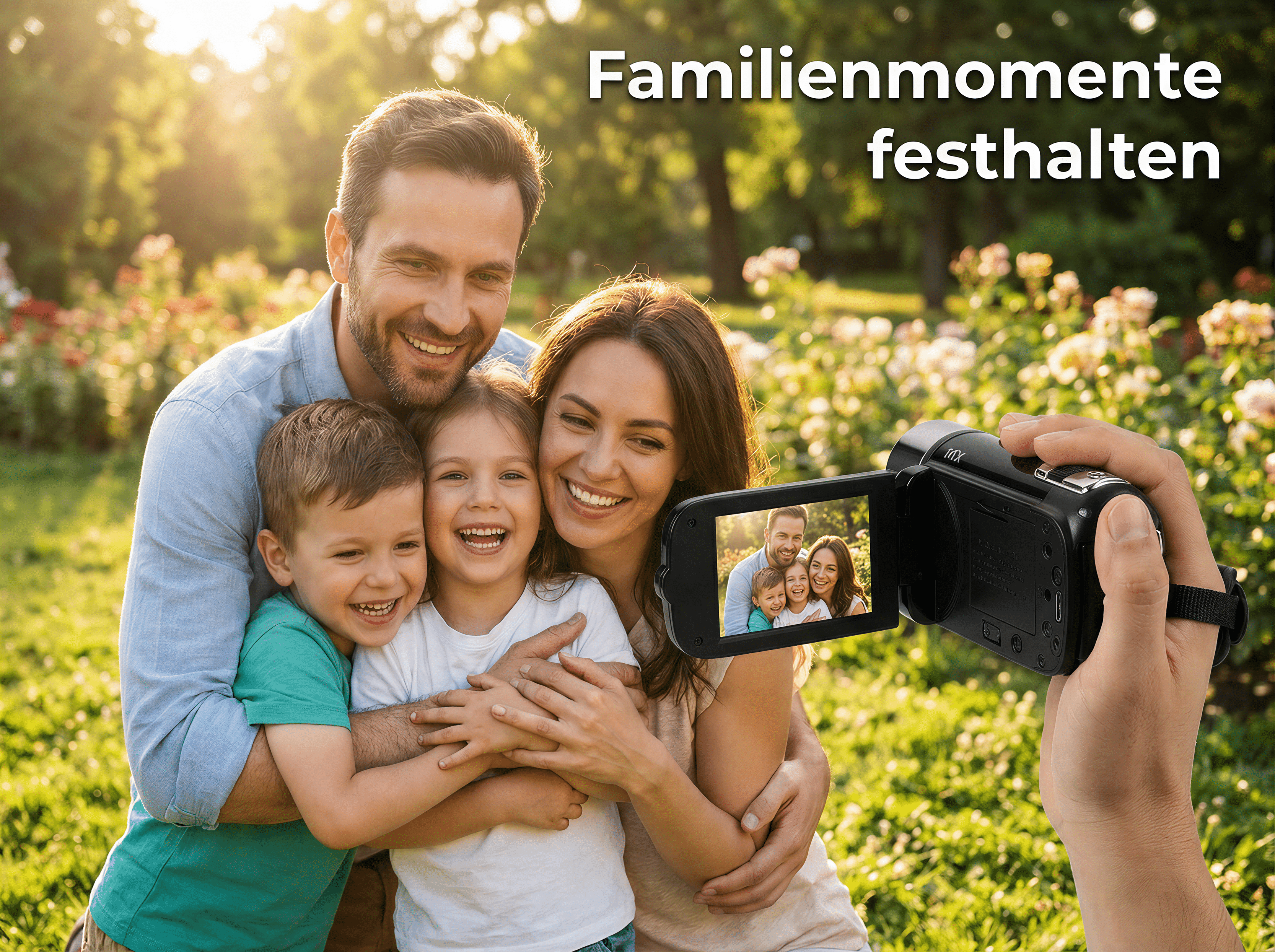 Eine Familie lacht im Sonnenlicht, während eine Hand eine Videokamera hält.