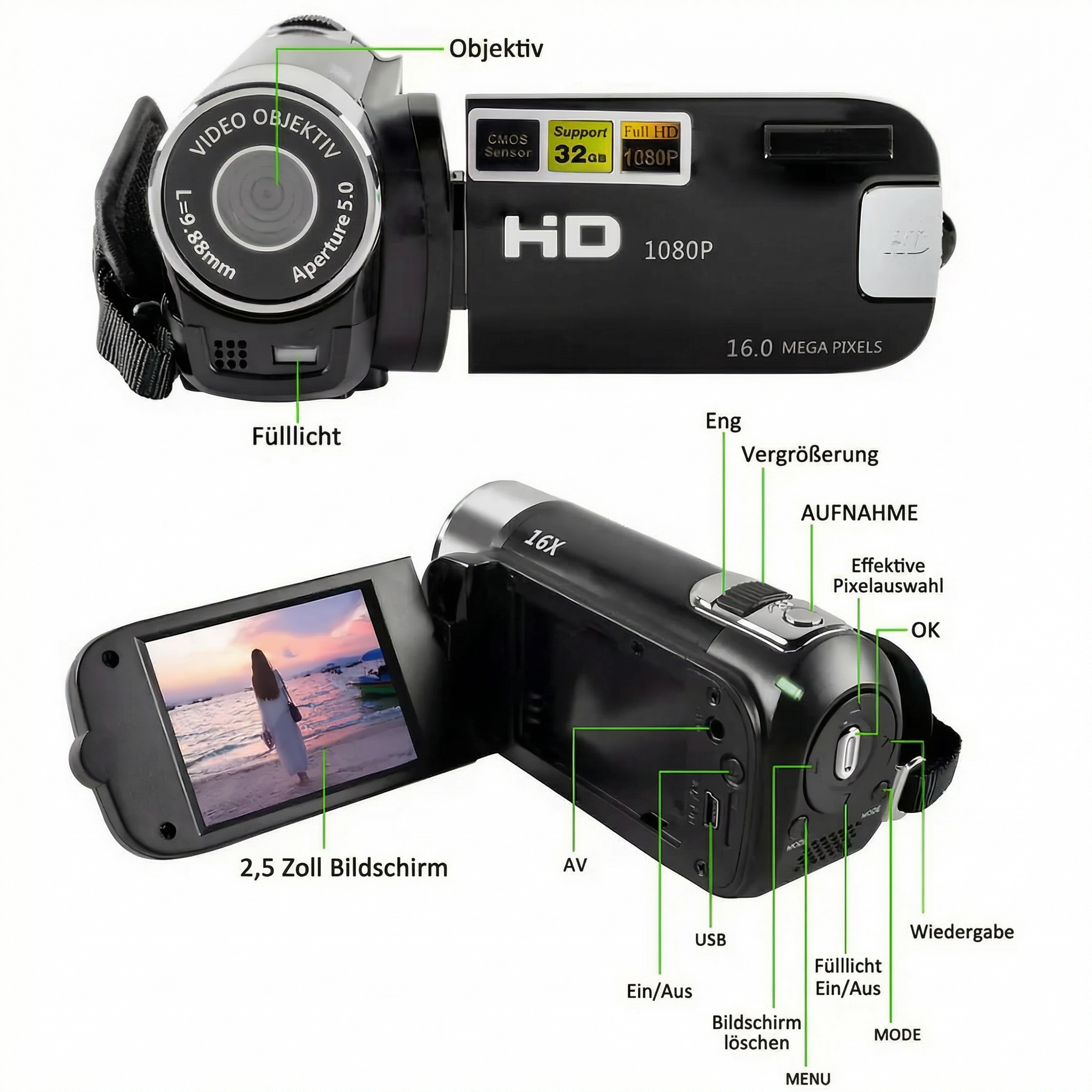 Eine schwarze HD-Videokamera mitettivo, Bildschirm und Bedienelementen.