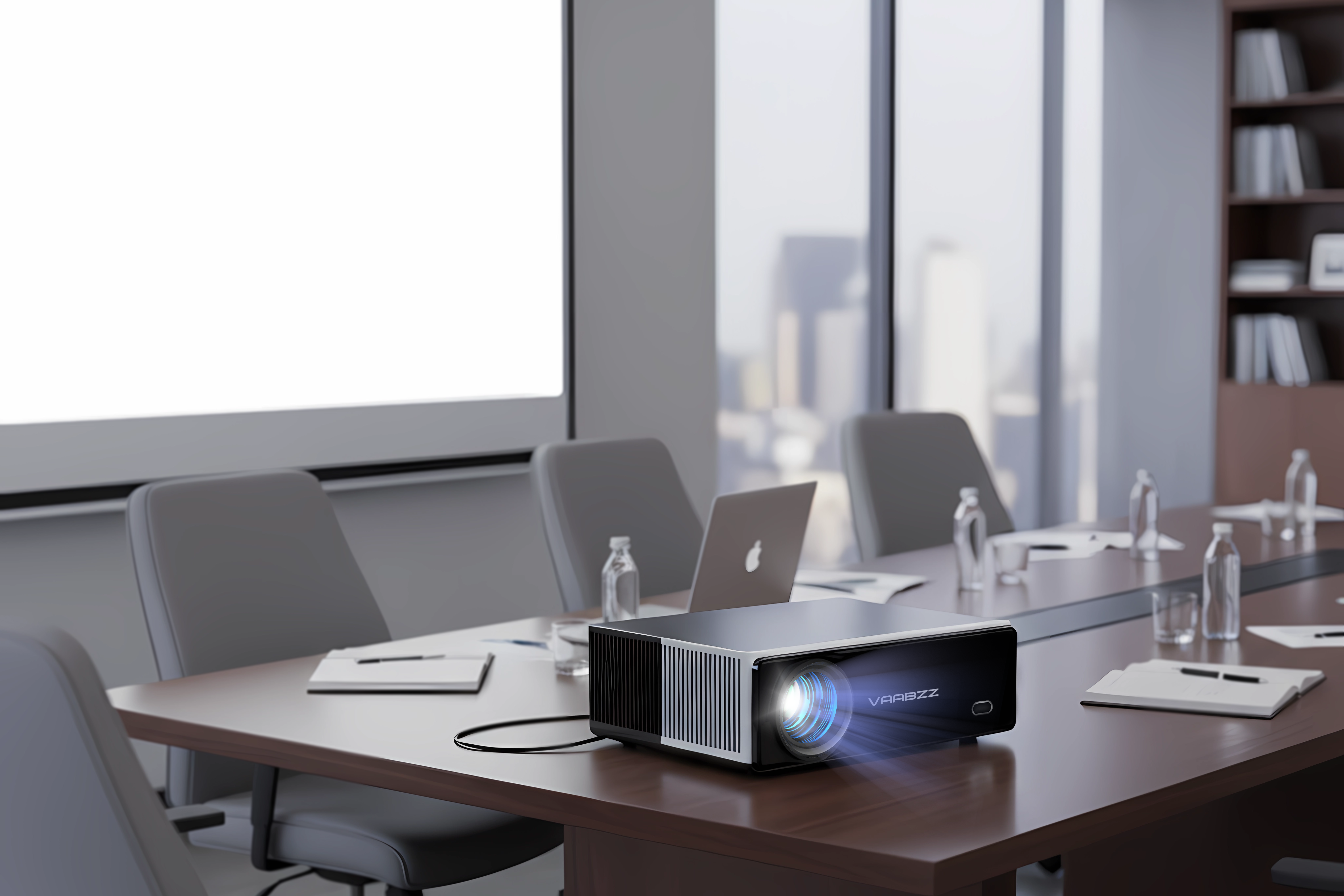 Ein Projektor mit leuchtendem Licht steht auf einem Konferenztisch mit Laptops.