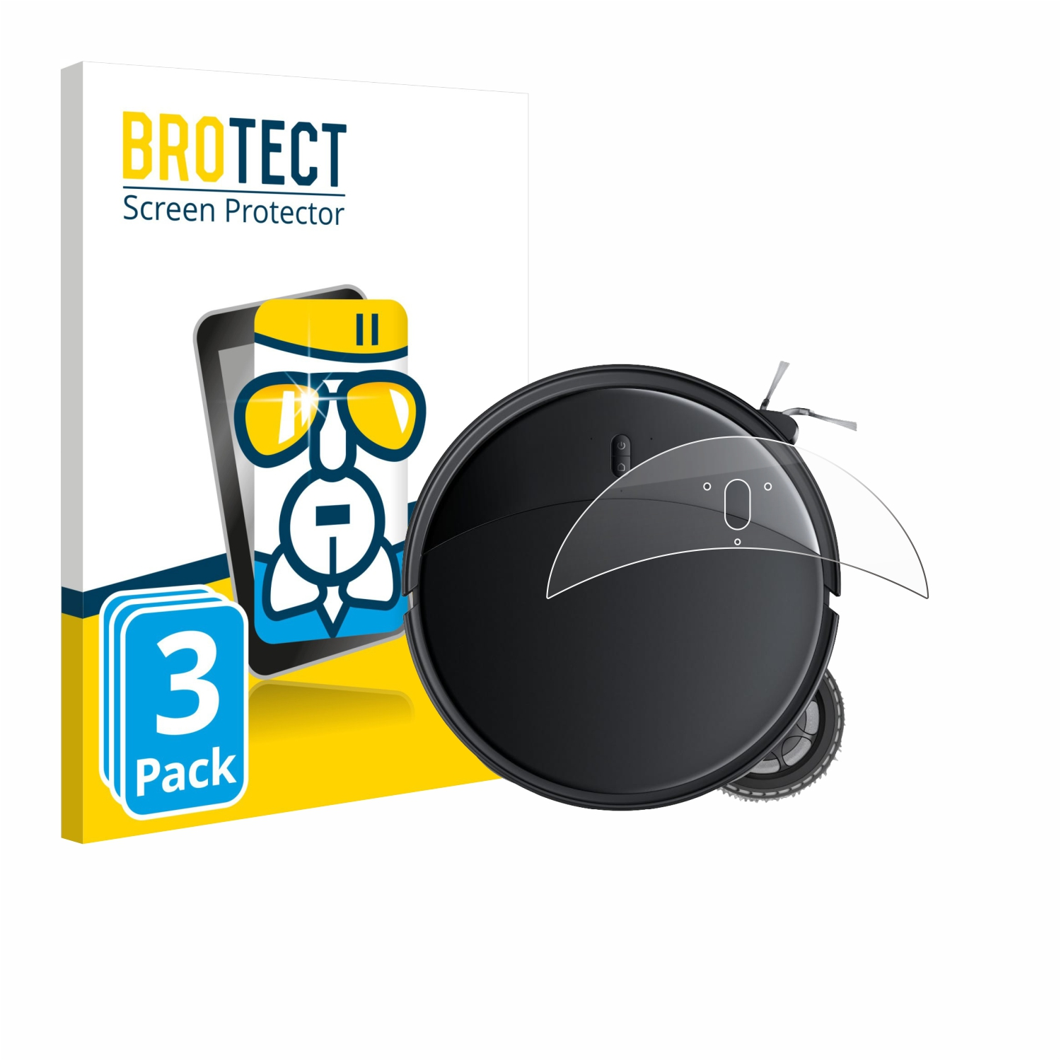 Ein schwarzer Saugroboter mit einem Displayschutz von BROTECT im 3er-Pack.