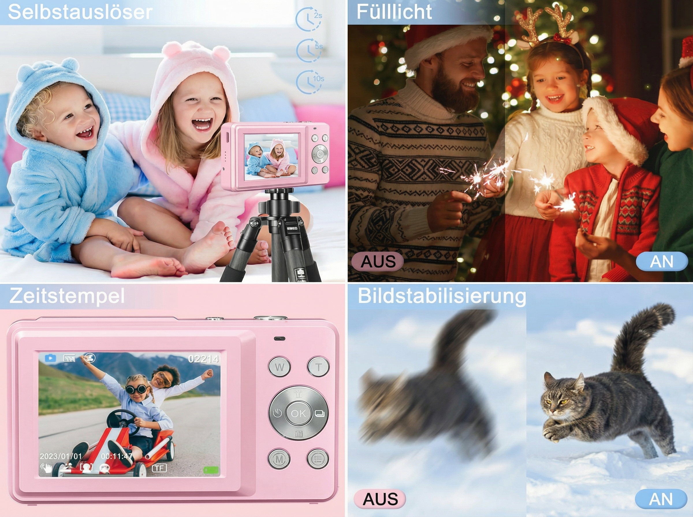 Zwei lachende Kinder in Bademänteln, eine rosa Digitalkamera auf einem Stativ.