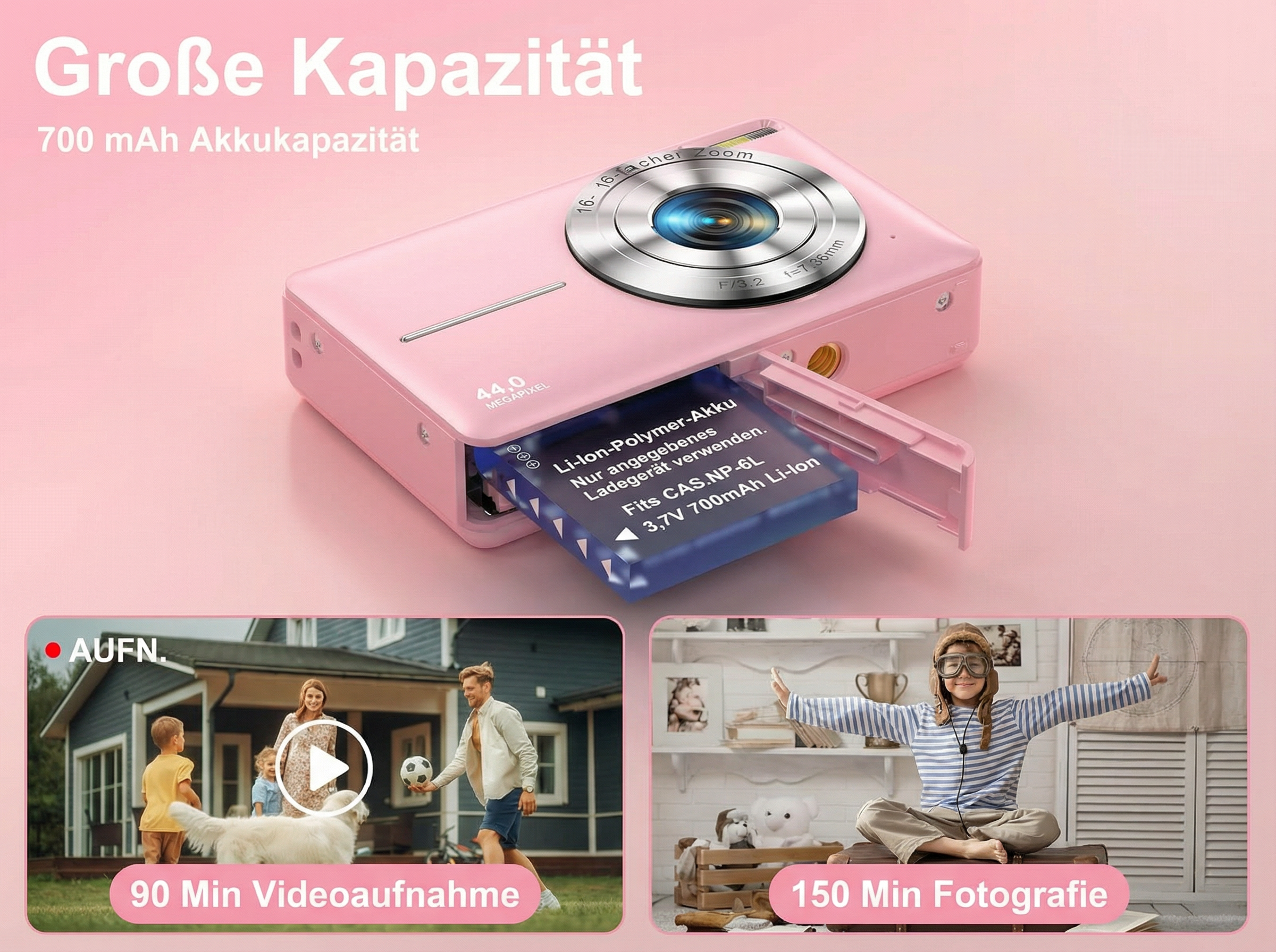 Eine rosafarbene Digitalkamera mit Akku, Familie und Kind spielen im Garten, Kind im Pilotenoutfit.