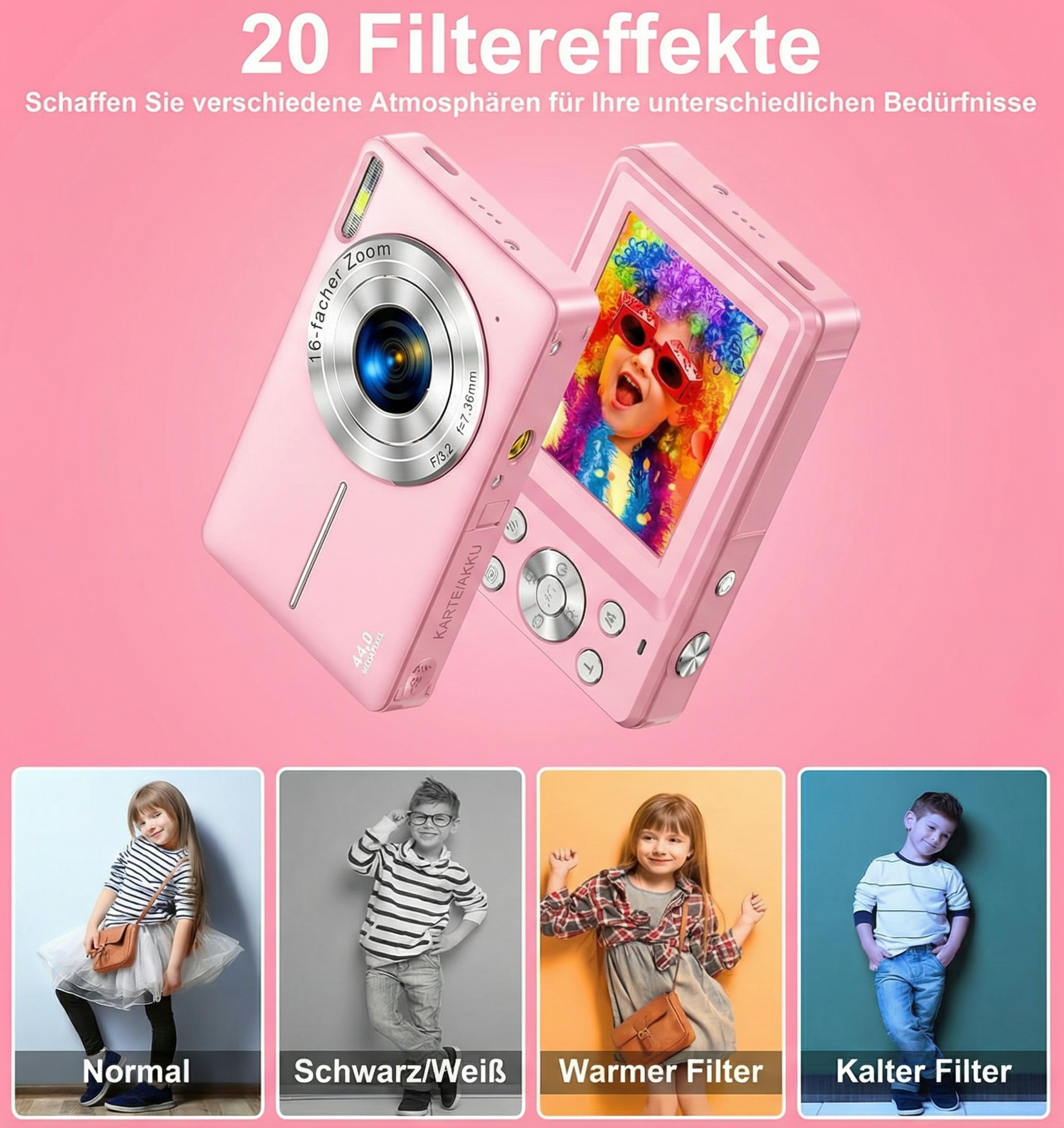 Rosa Digitalkamera mit 4 Kinderbildern: Normal, Schwarz/Weiß, Warmer Filter, Kalter Filter.