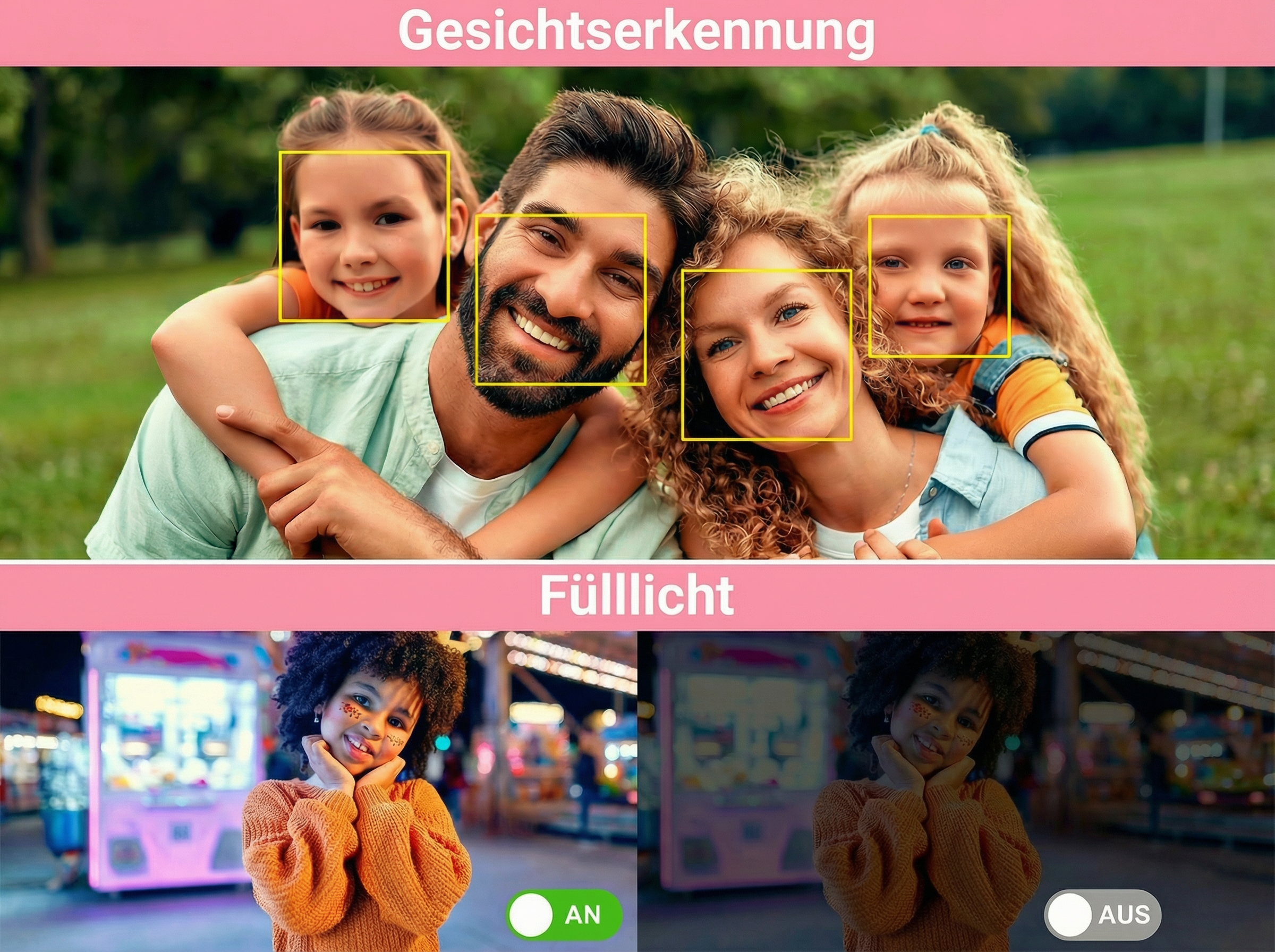 Familie lacht im Freien. Unten: Mädchen vor Lichtern, Fülllicht AN/AUS.