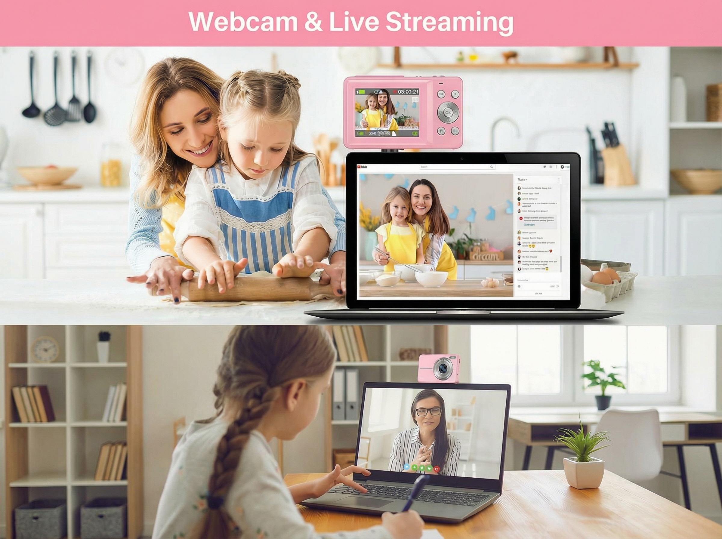 Mutter und Kind backen, Laptop zeigt Koch-Stream, rosa Kamera.