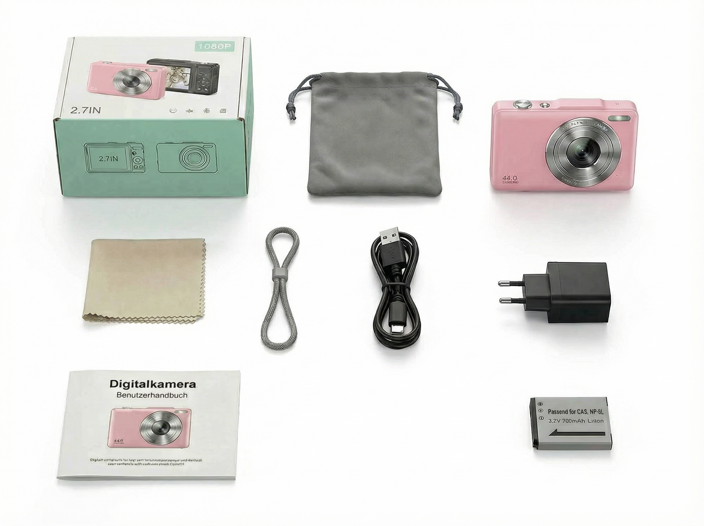 Ein pinkes Digitalkamera-Set mit Zubehör auf weißem Hintergrund.