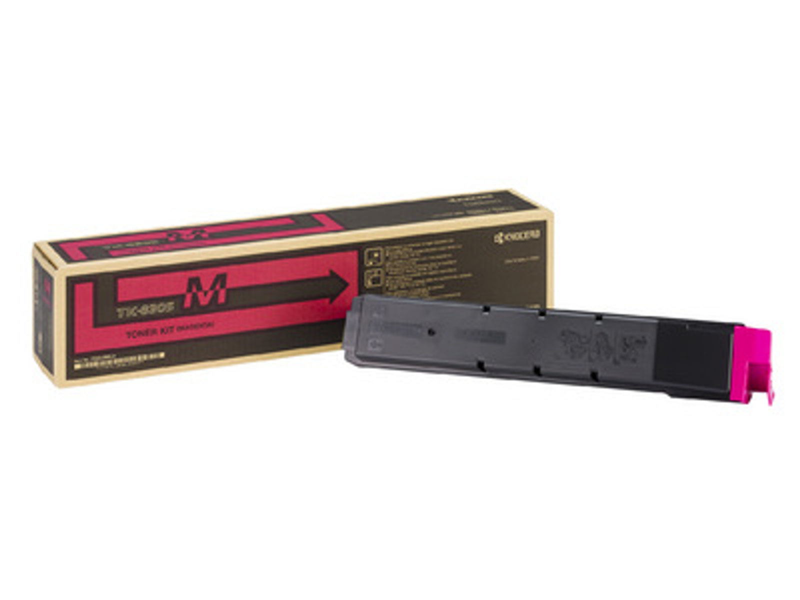 Magenta toner kit cartridge en doos op witte achtergrond.