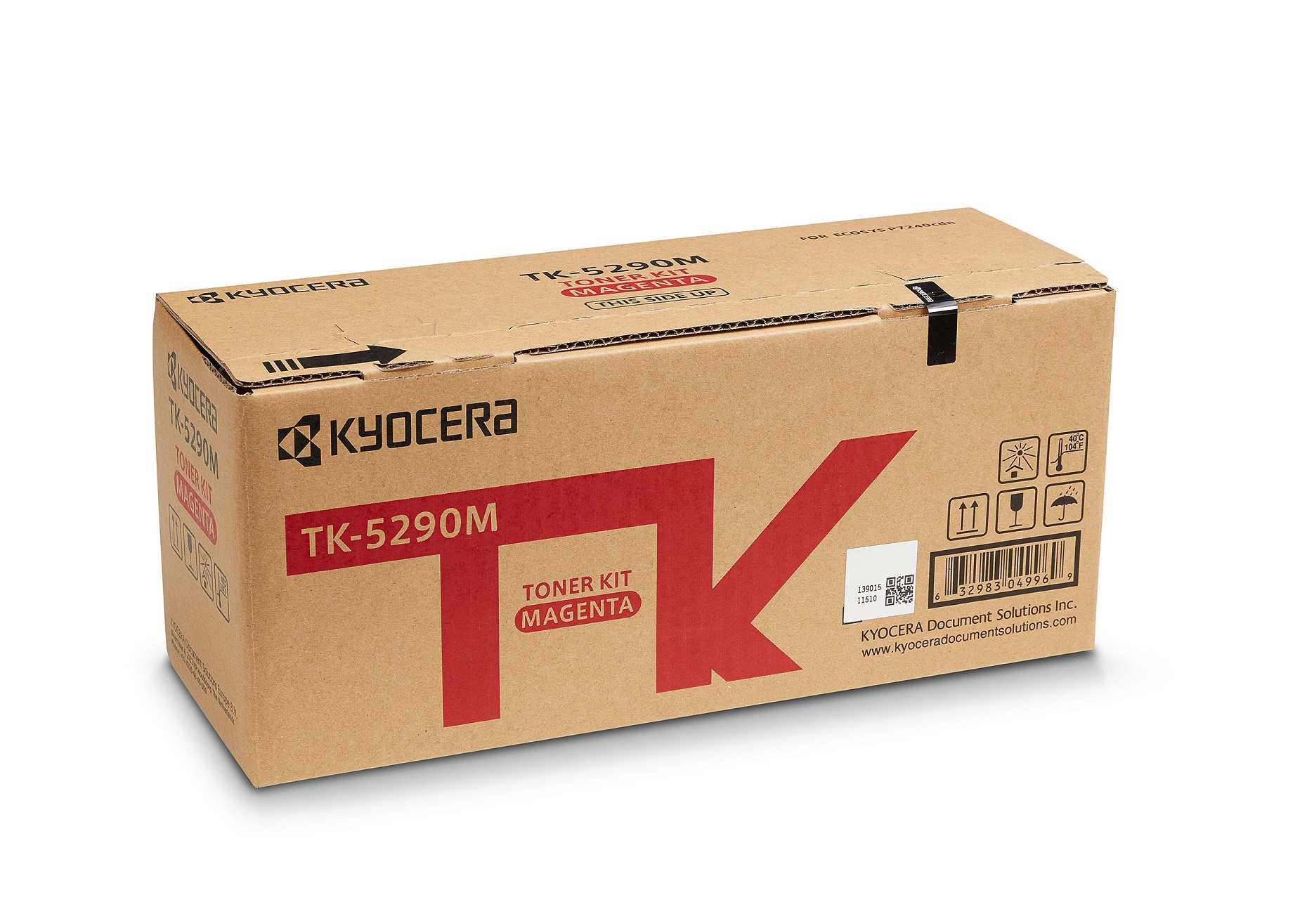 Kyocera TK-5290M Magenta Toner Kit Box mit Hinweisschildern und Barcode.