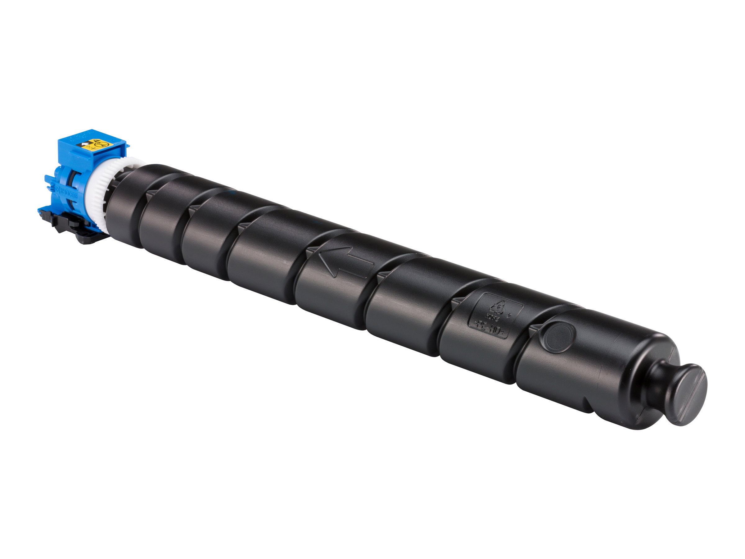 Une cartouche de toner noire avec une pièce de connexion bleue sur fond blanc.