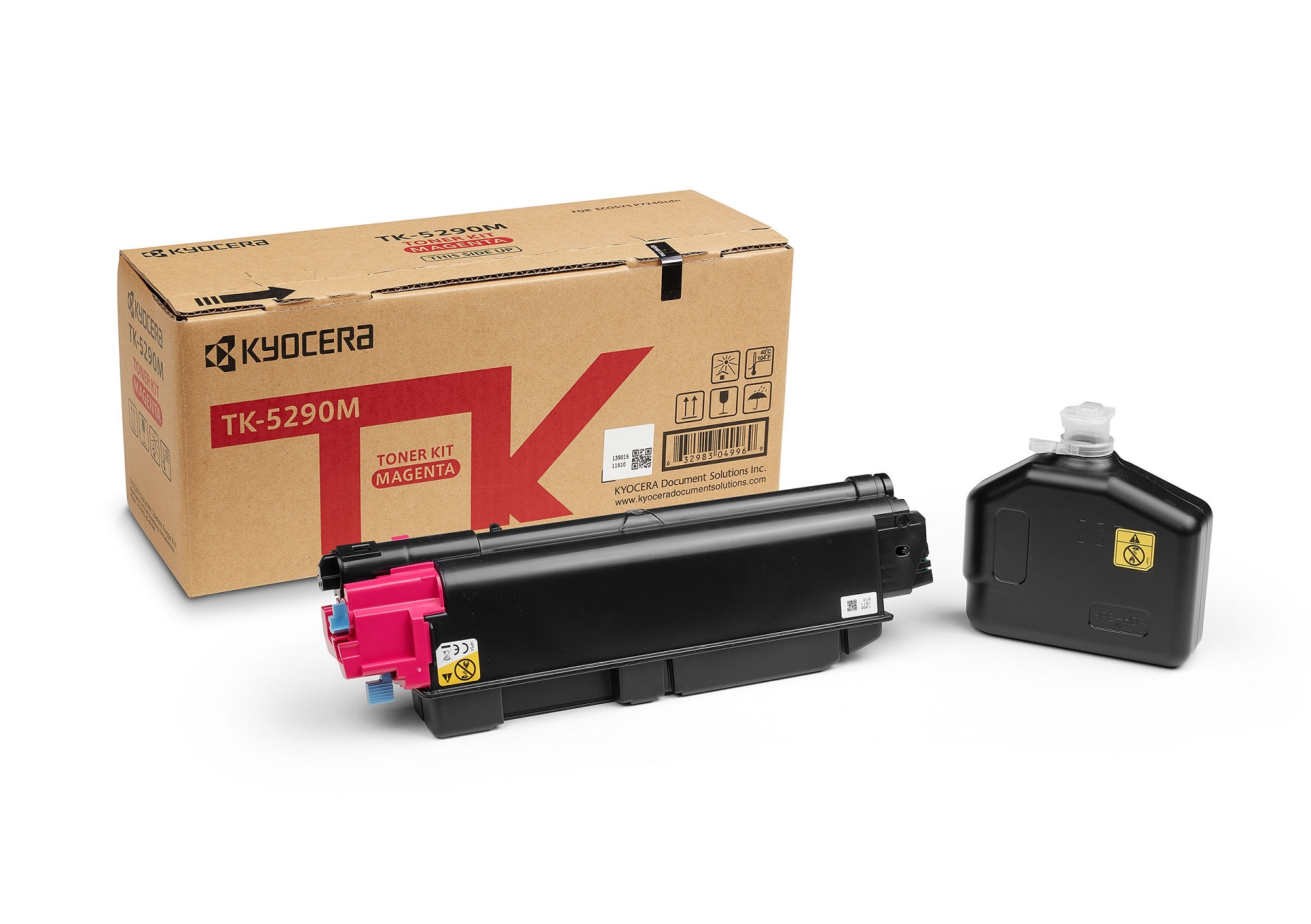 Kyocera TK-5290M Magenta Toner-Kit, Karton und Nachfüllflasche.