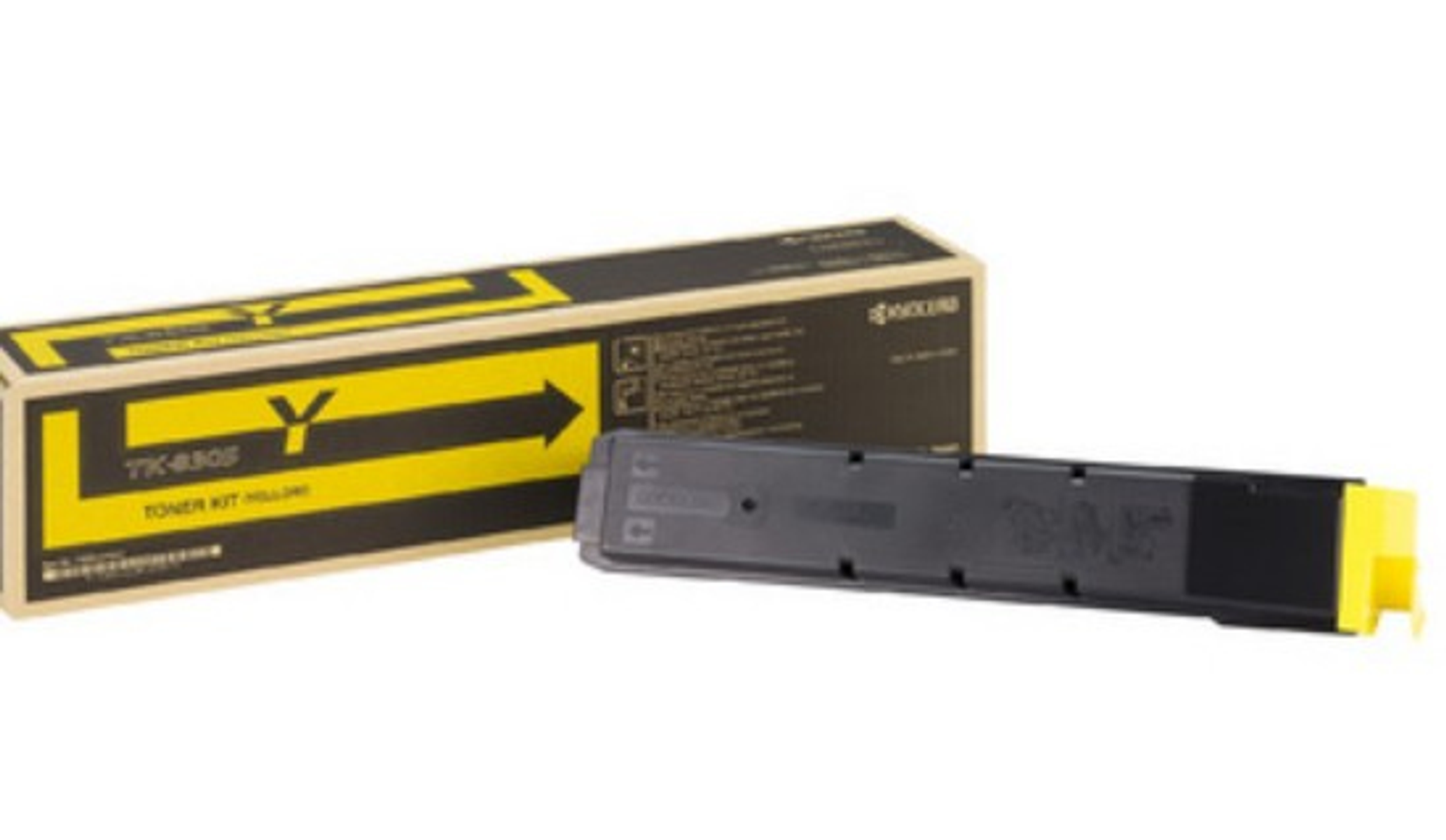 Scatola cartuccia toner gialla e cartuccia toner su sfondo bianco.