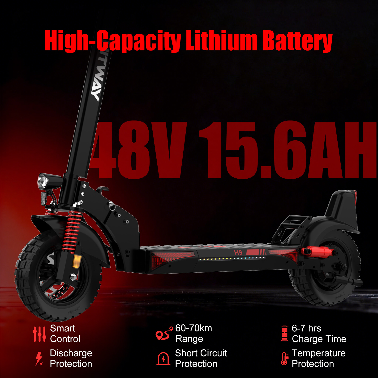 Black electric scooter with red accents, 48V 15.6AH battery, 60-70km range.