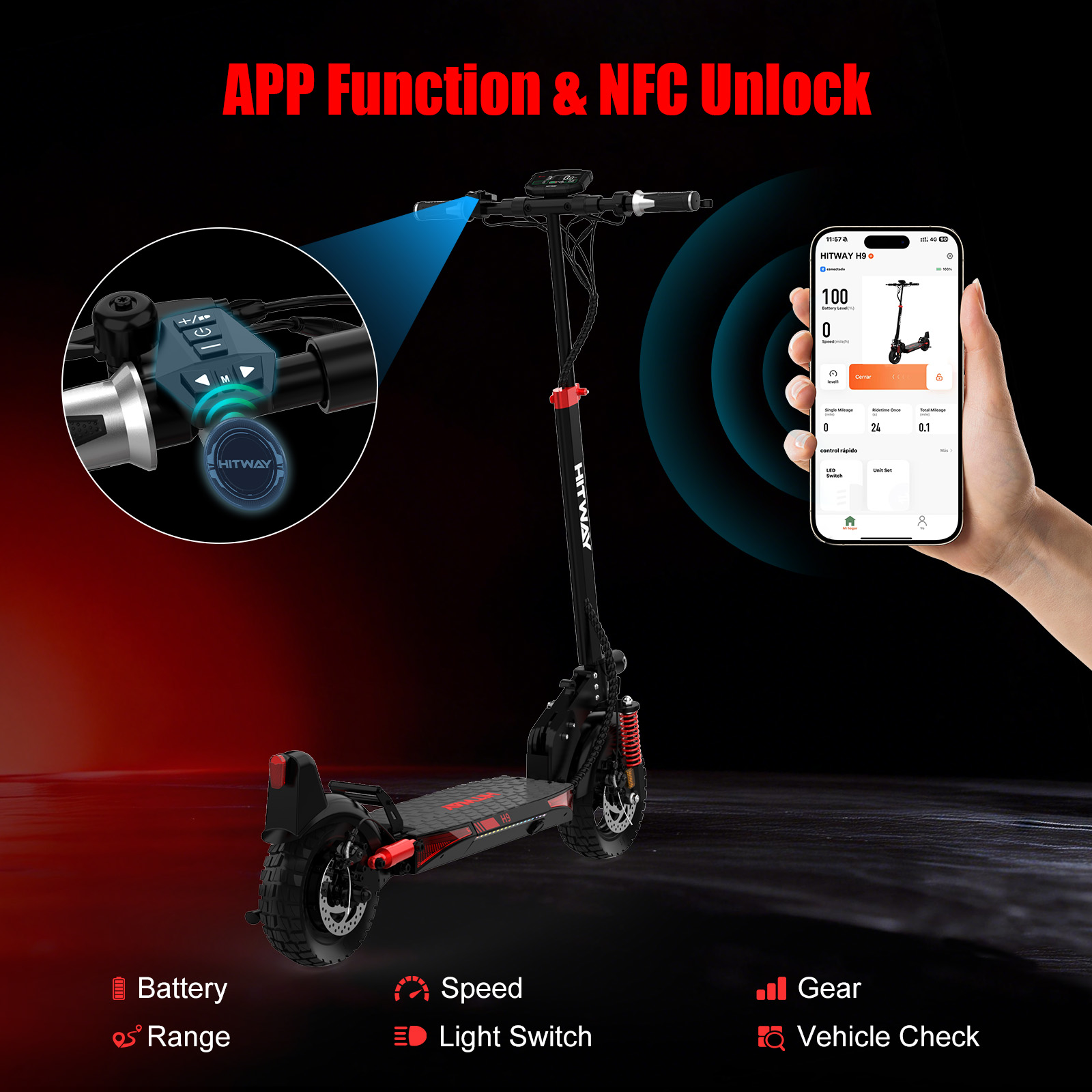 A black electric scooter with controls and app display. Showing battery, speed, range, and gear.