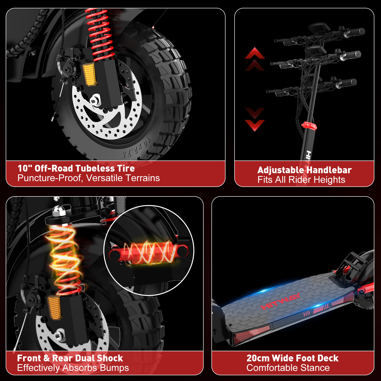 Collage of an electric scooter: tire, handlebars, shocks, and deck.
