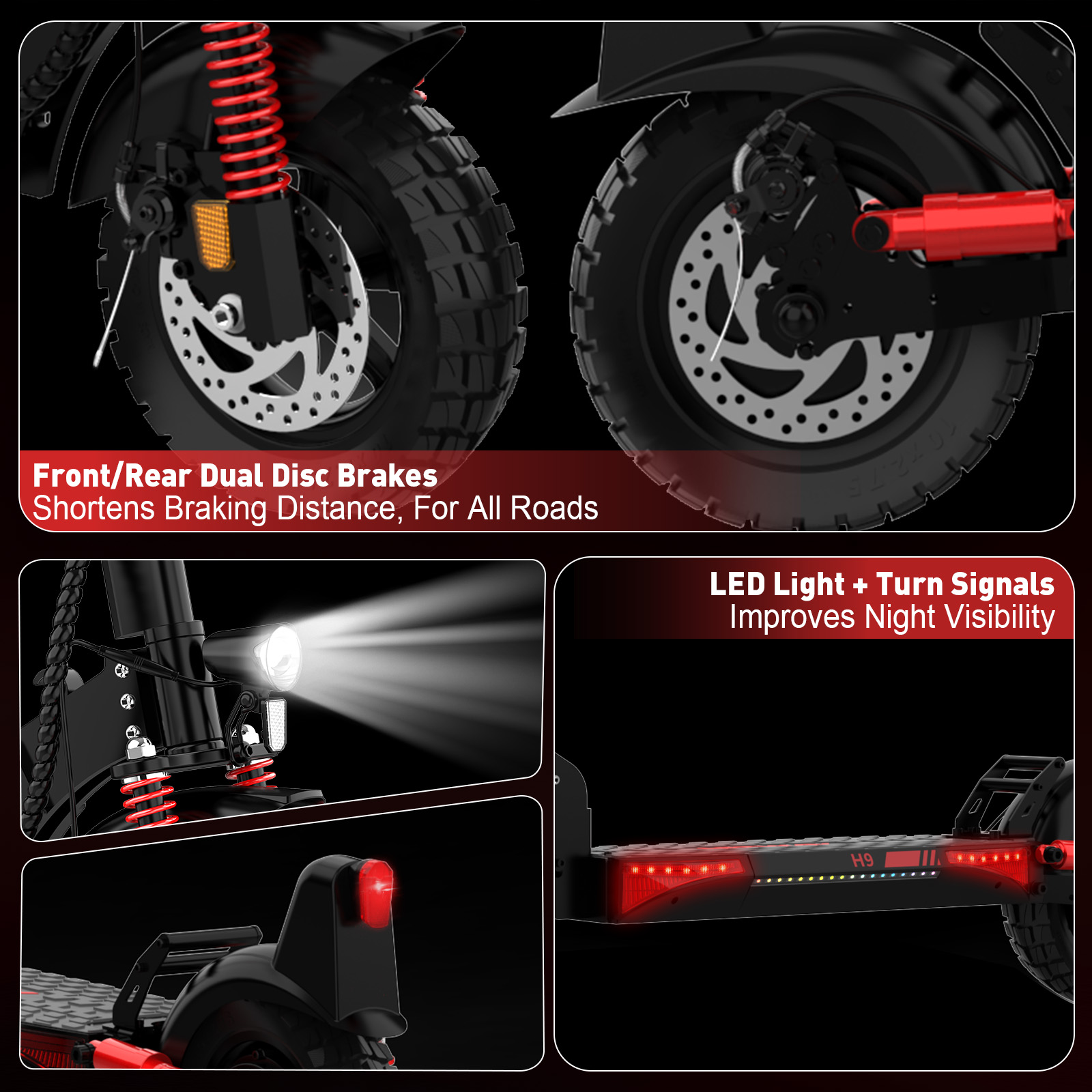 Electric scooter with dual disc brakes, LED light, and turn signals. Black.