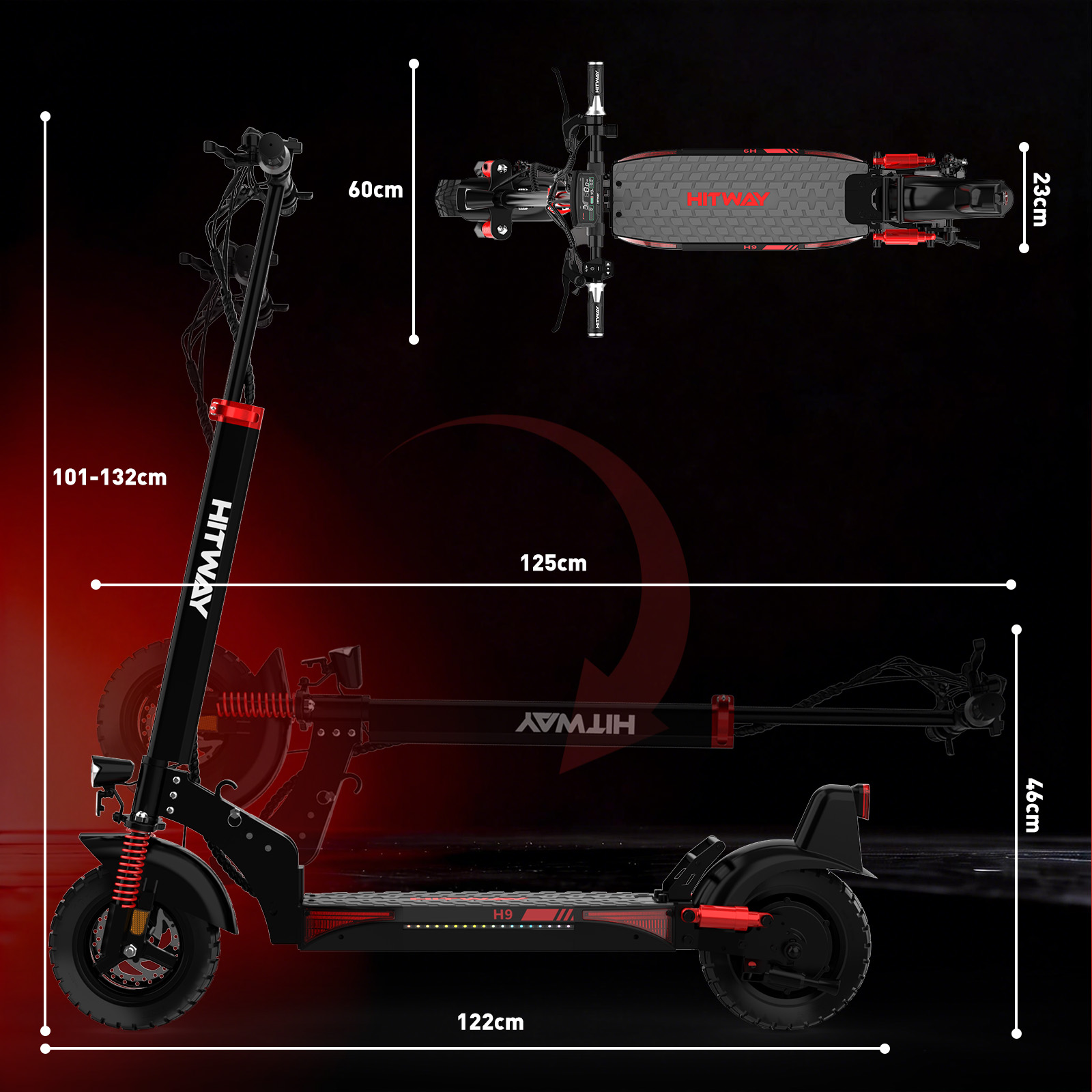 Black electric scooter with red accents, side and top view with dimensions.