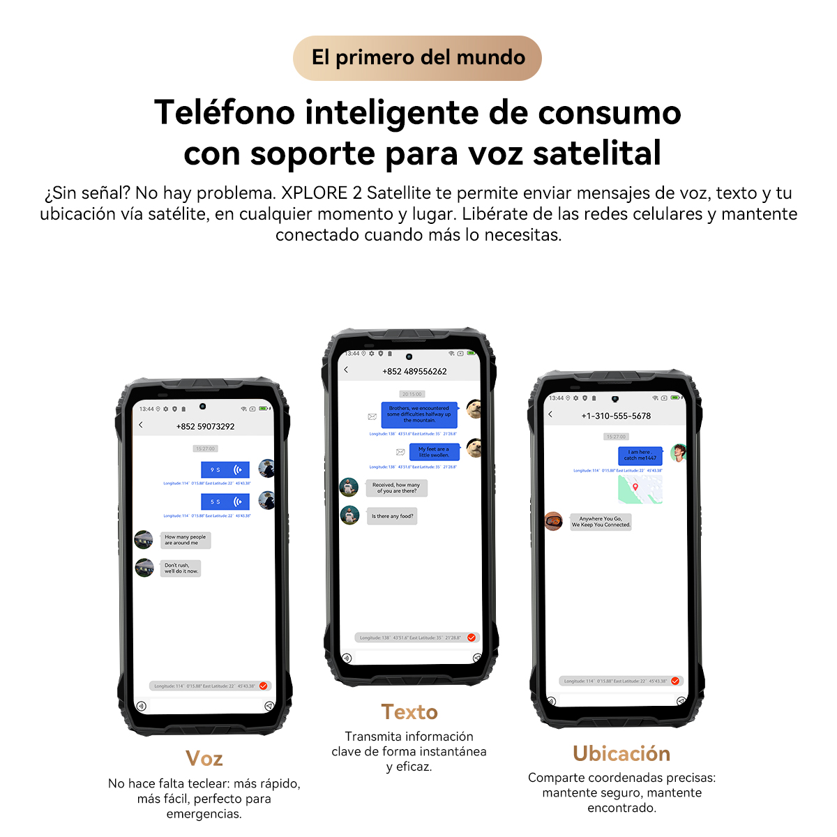 Tres smartphones muestran mensajes de chat e información de ubicación.