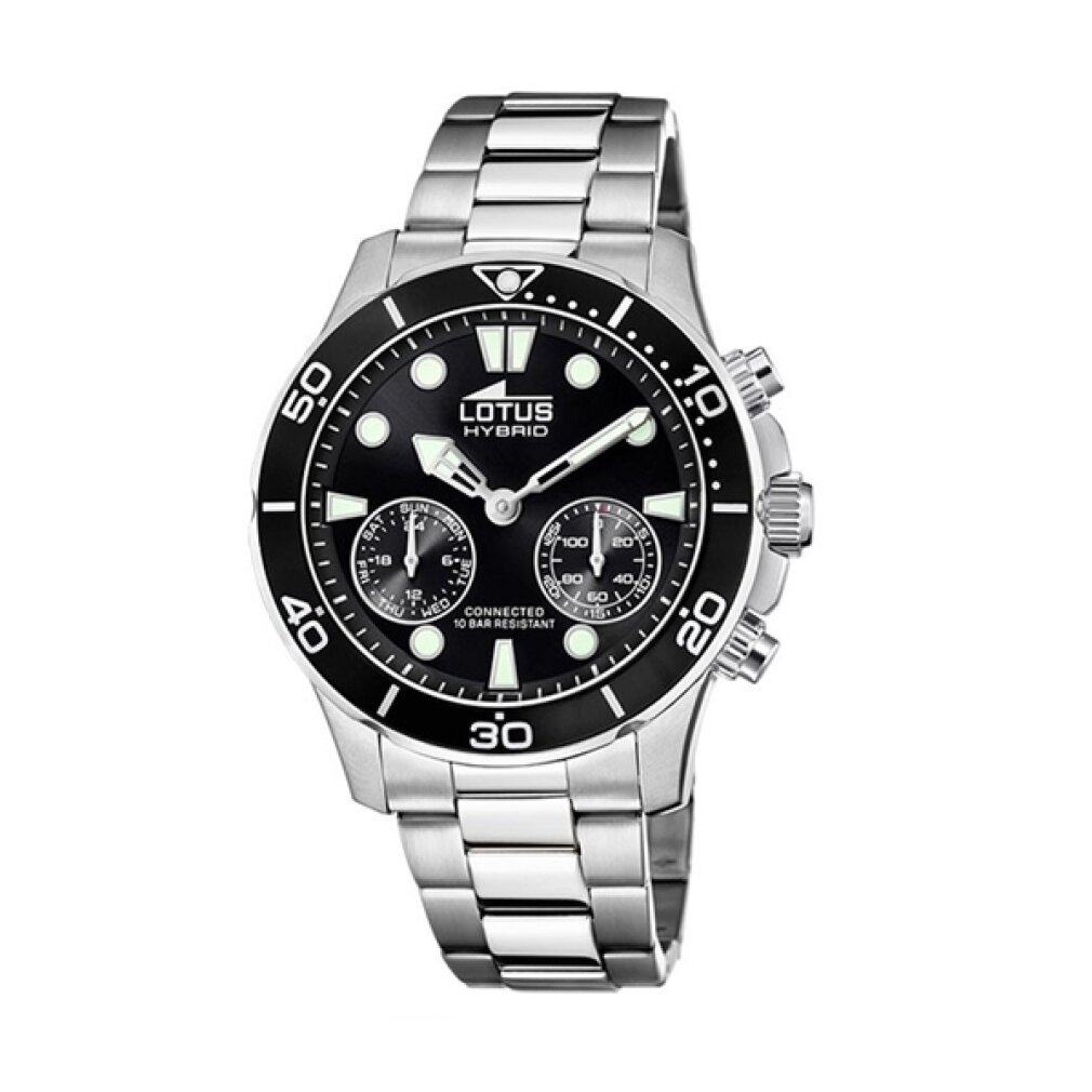 Orologio da uomo argentato con quadrante nero, cinturino argentato e quadranti crono.