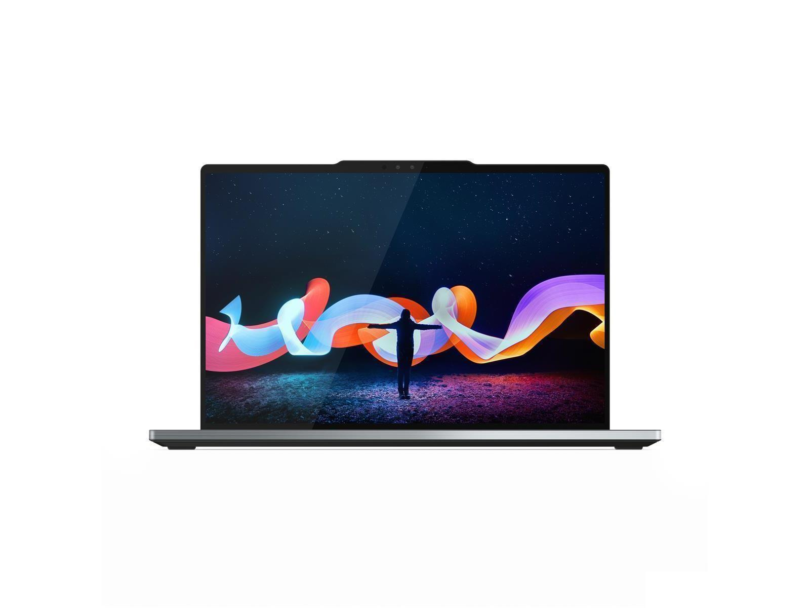 Ein Laptop mit einem Hintergrundbild eines Sternenhimmels und bunten Bändern.