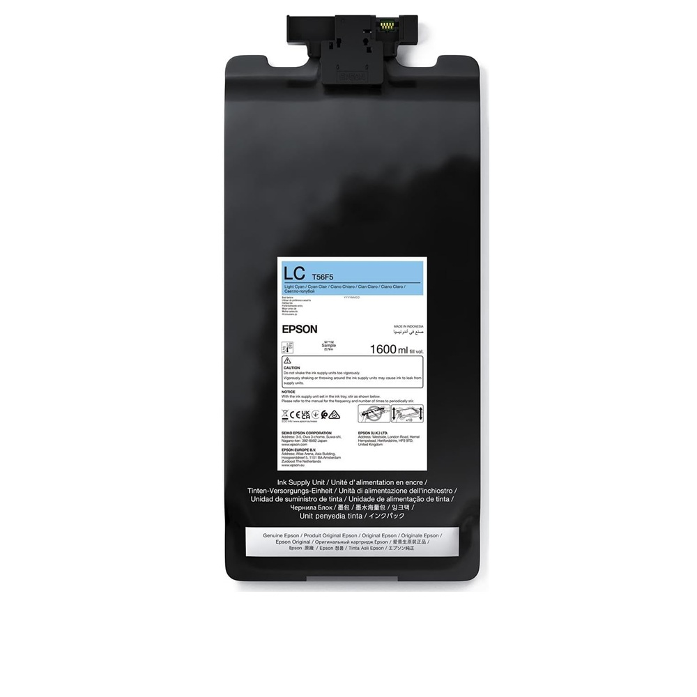 Czarny pojemnik na tusz Epson T56F5 z etykietą i ostrzeżeniami.