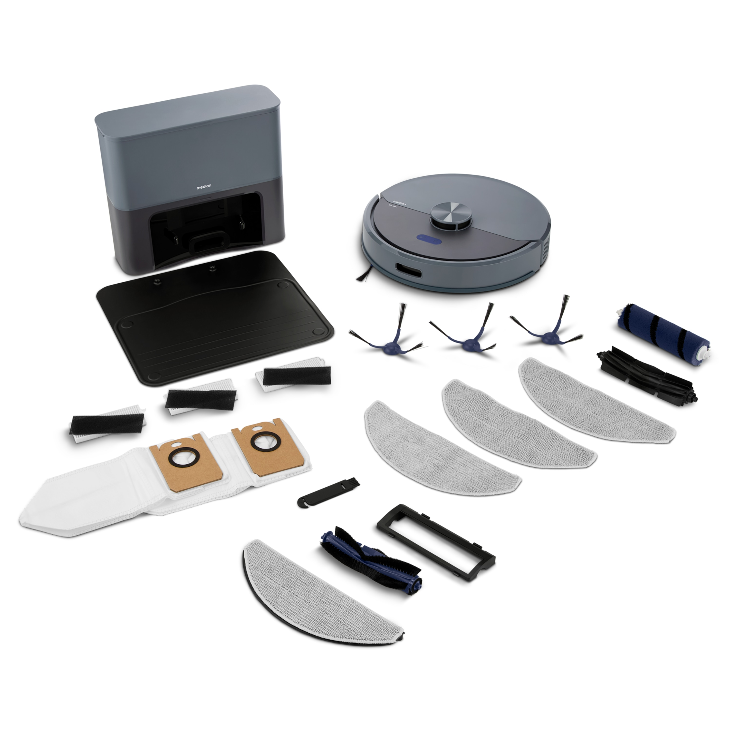 Gray robot vacuum and accessories: charging station, brushes, cloths, filters, dust bags.