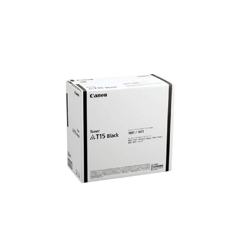 Boîte de toner Canon blanche avec texte noir. Modèle T15 Noir.