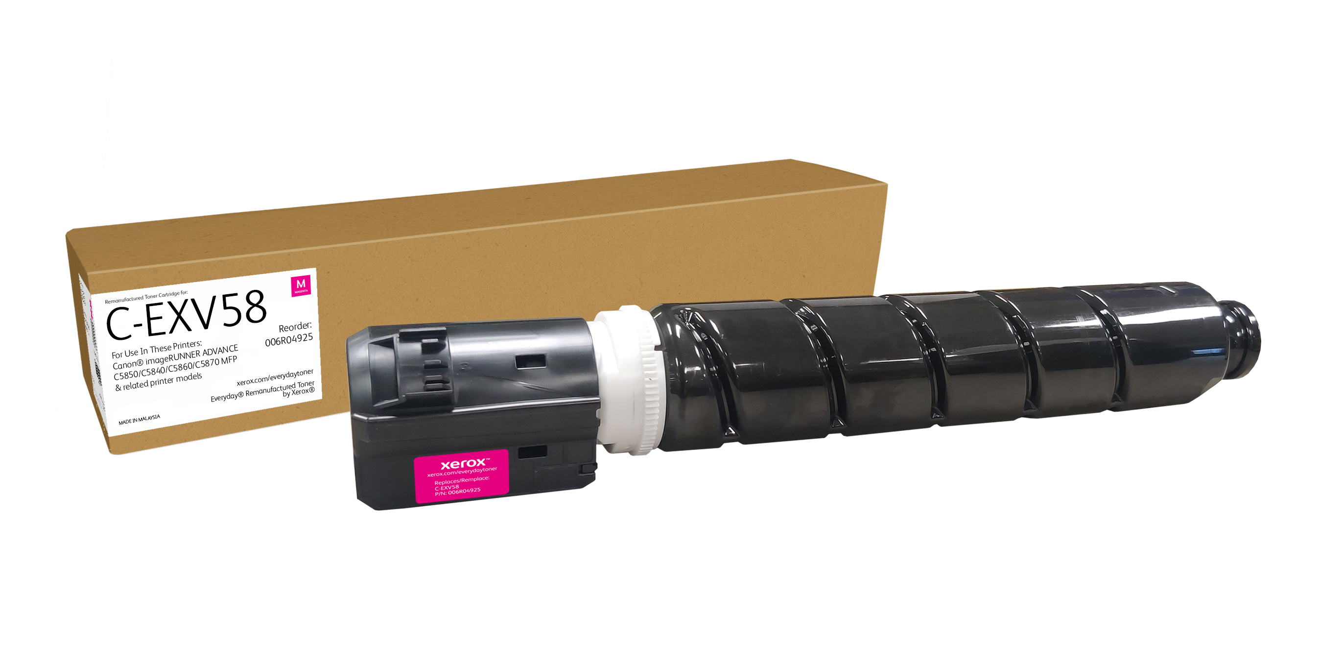 Cartuccia toner magenta Xerox C-EXV58 accanto a una scatola marrone.