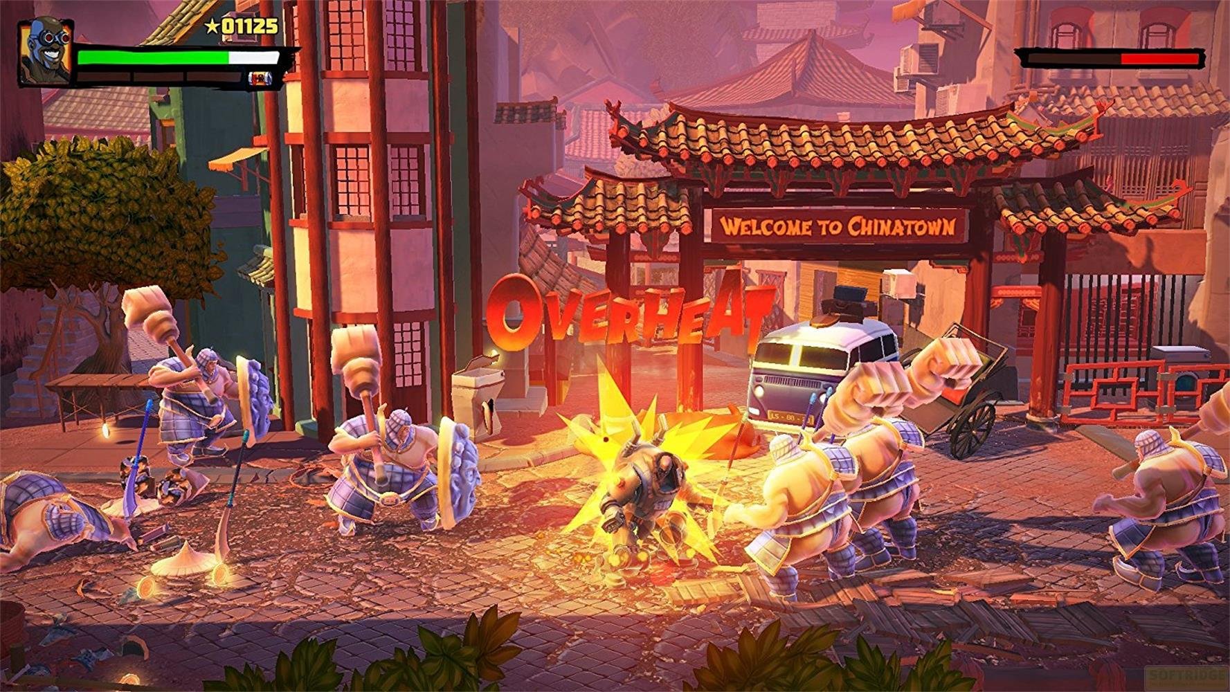 Kämpfer in einem Chinatown-Setting mit einem Überhitzungs-Hinweis und einem Kampf.