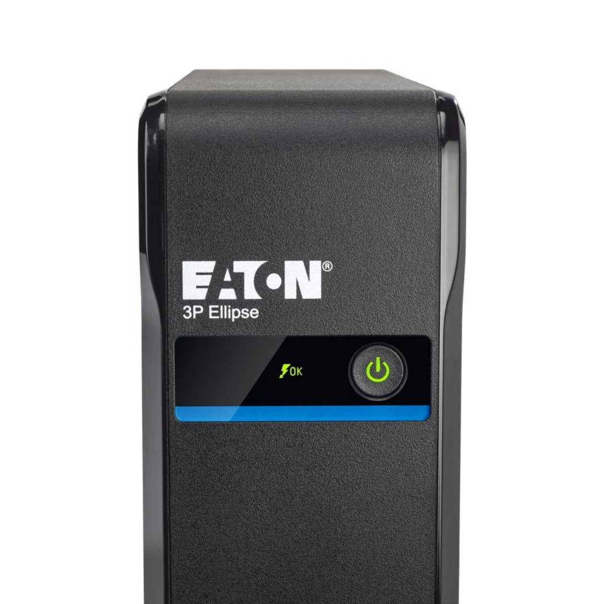 Dispositivo UPS Eaton 3P Ellipse nero con pulsante di accensione e indicatore.