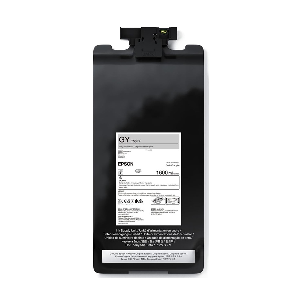 Szary pojemnik z tuszem Epson T56F7, 1600 ml, wyprodukowano w Indonezji.