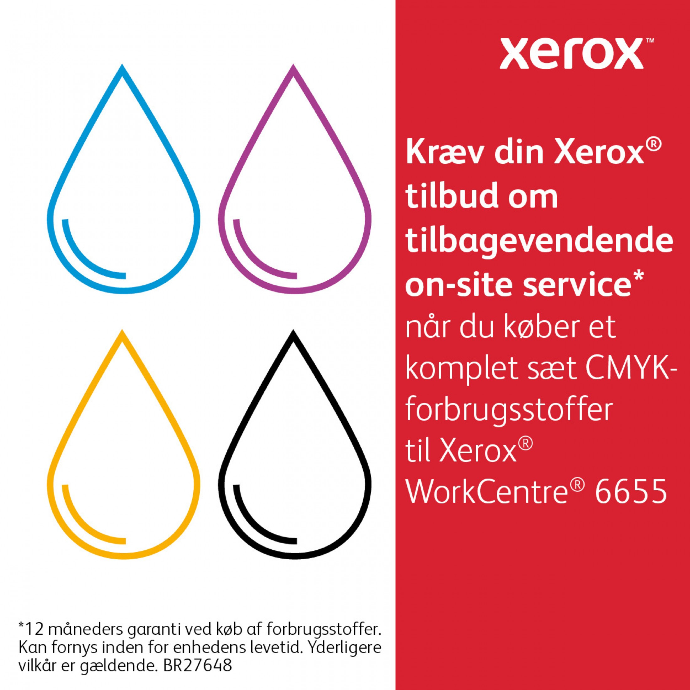 Quattro gocce d'inchiostro colorate: blu, viola, giallo e nero. Logo e testo Xerox.