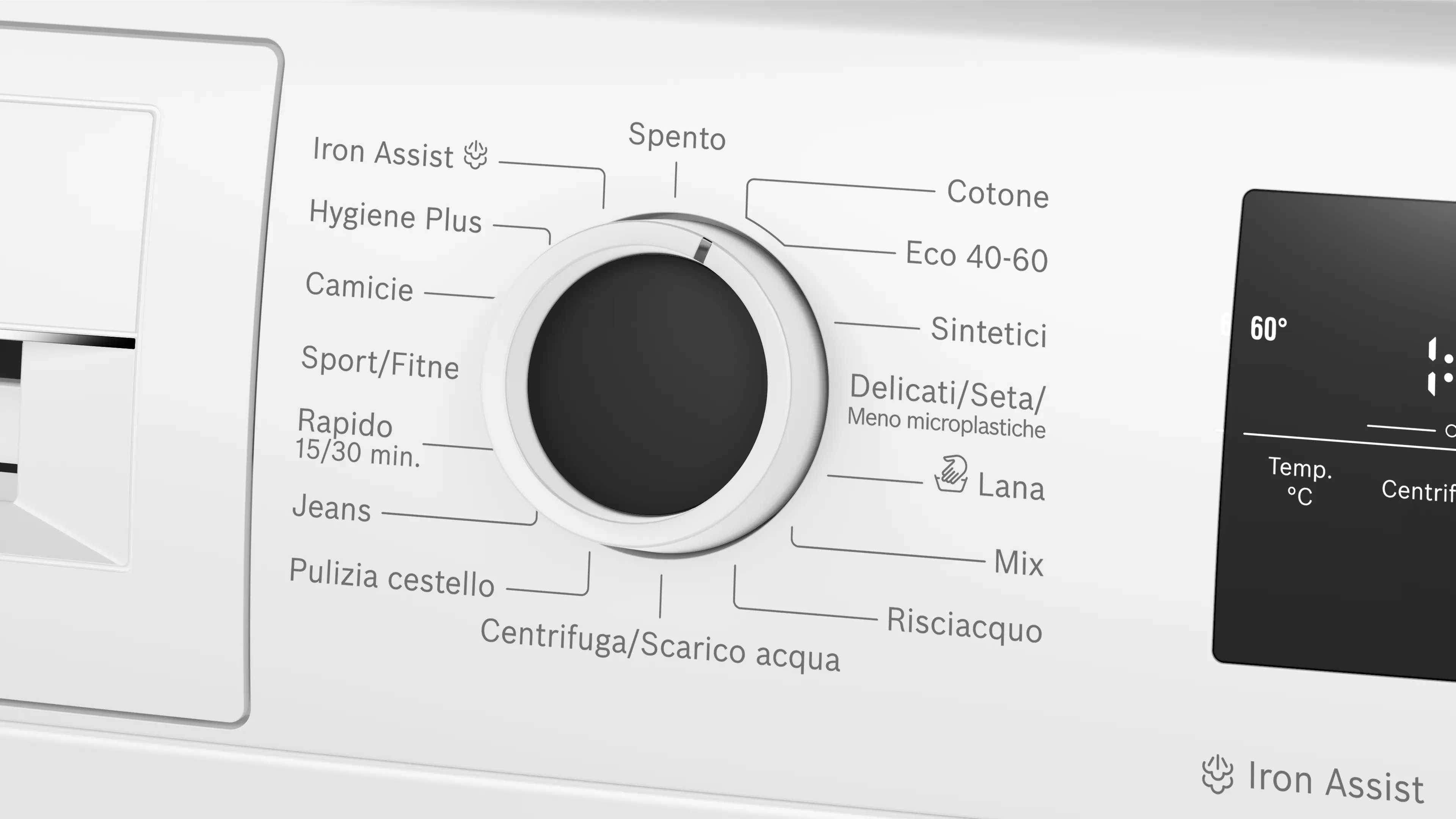 Pannello di controllo lavatrice con selettore per programmi Cotone, Sintetici, Lana.