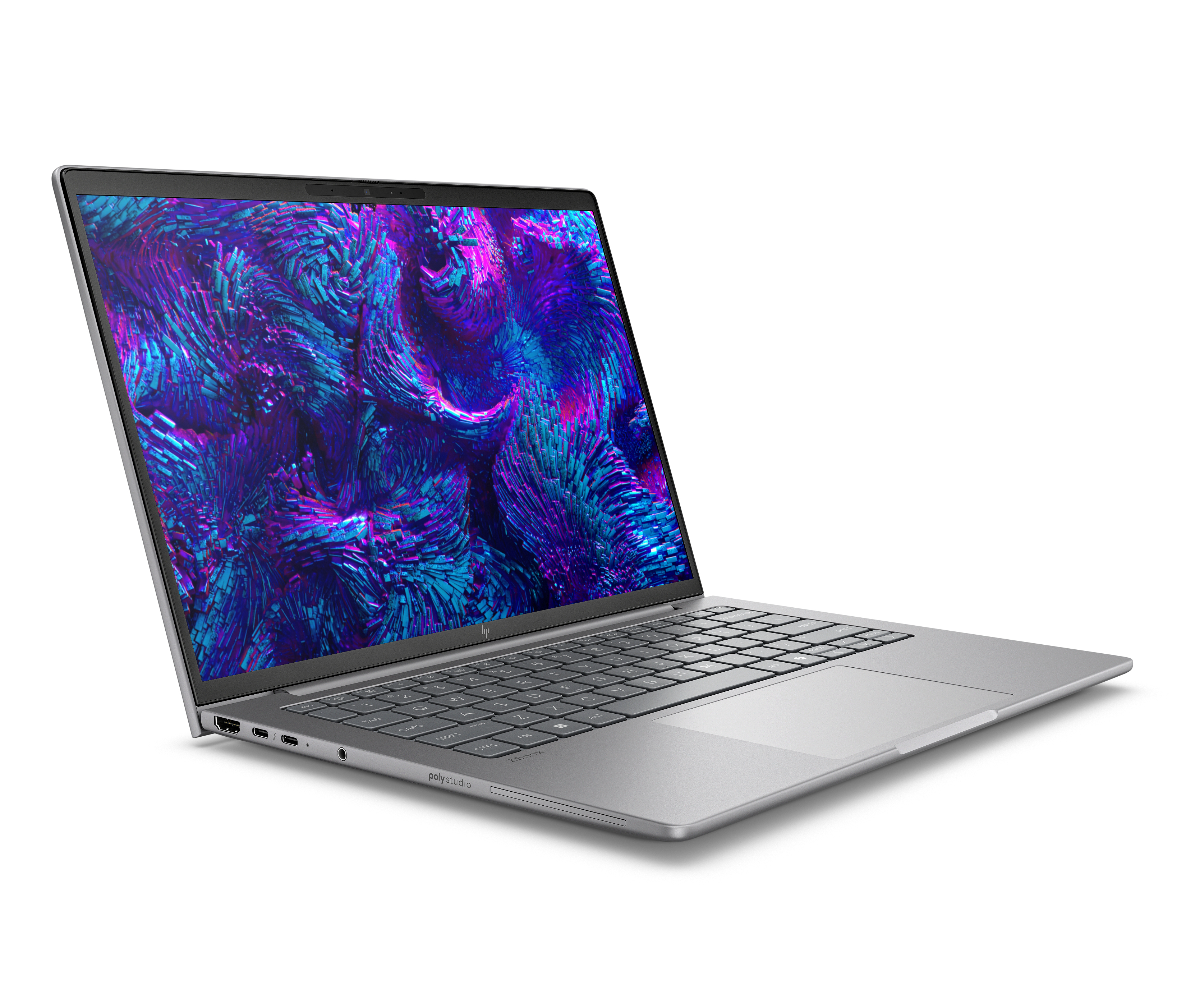 Een zilveren laptop met een blauwe en paarse schermachtergrond.