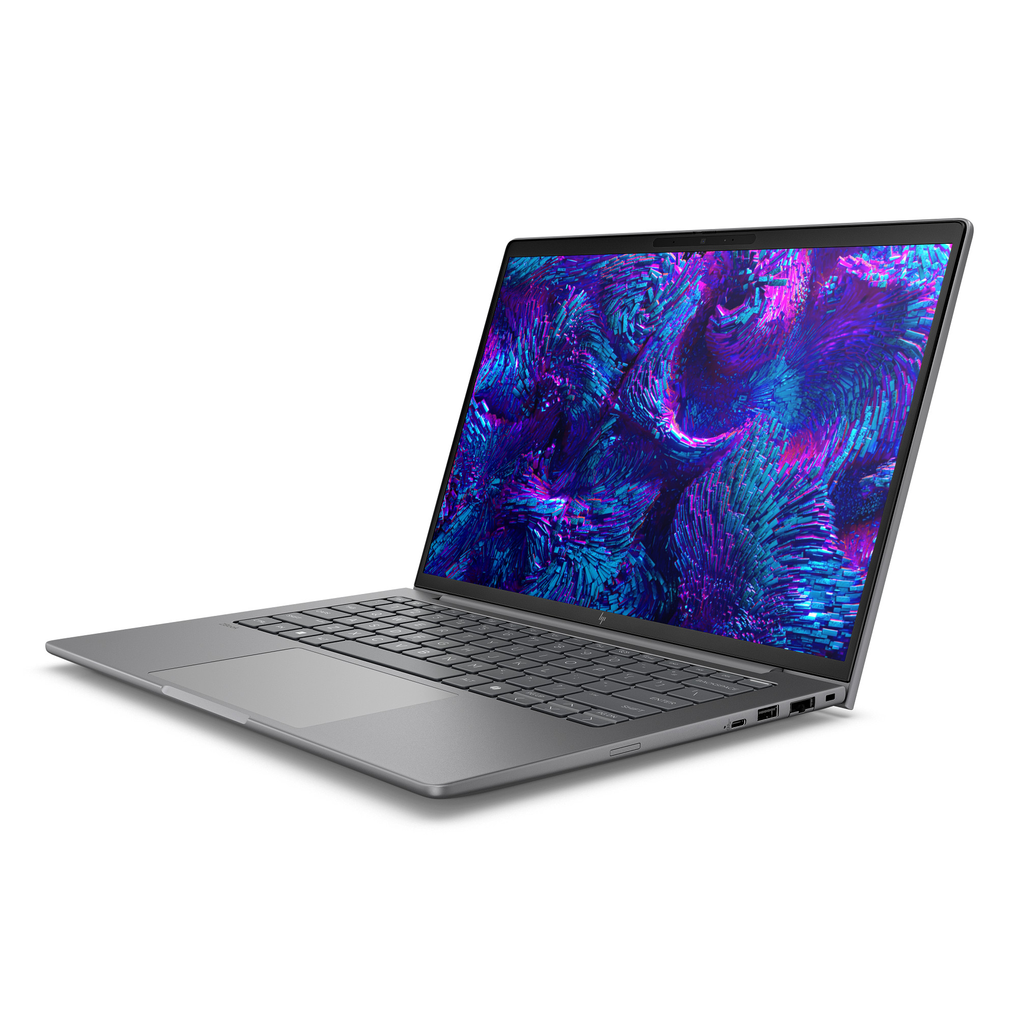Een grijze laptop met levendige bureaubladachtergrond, op witte achtergrond.
