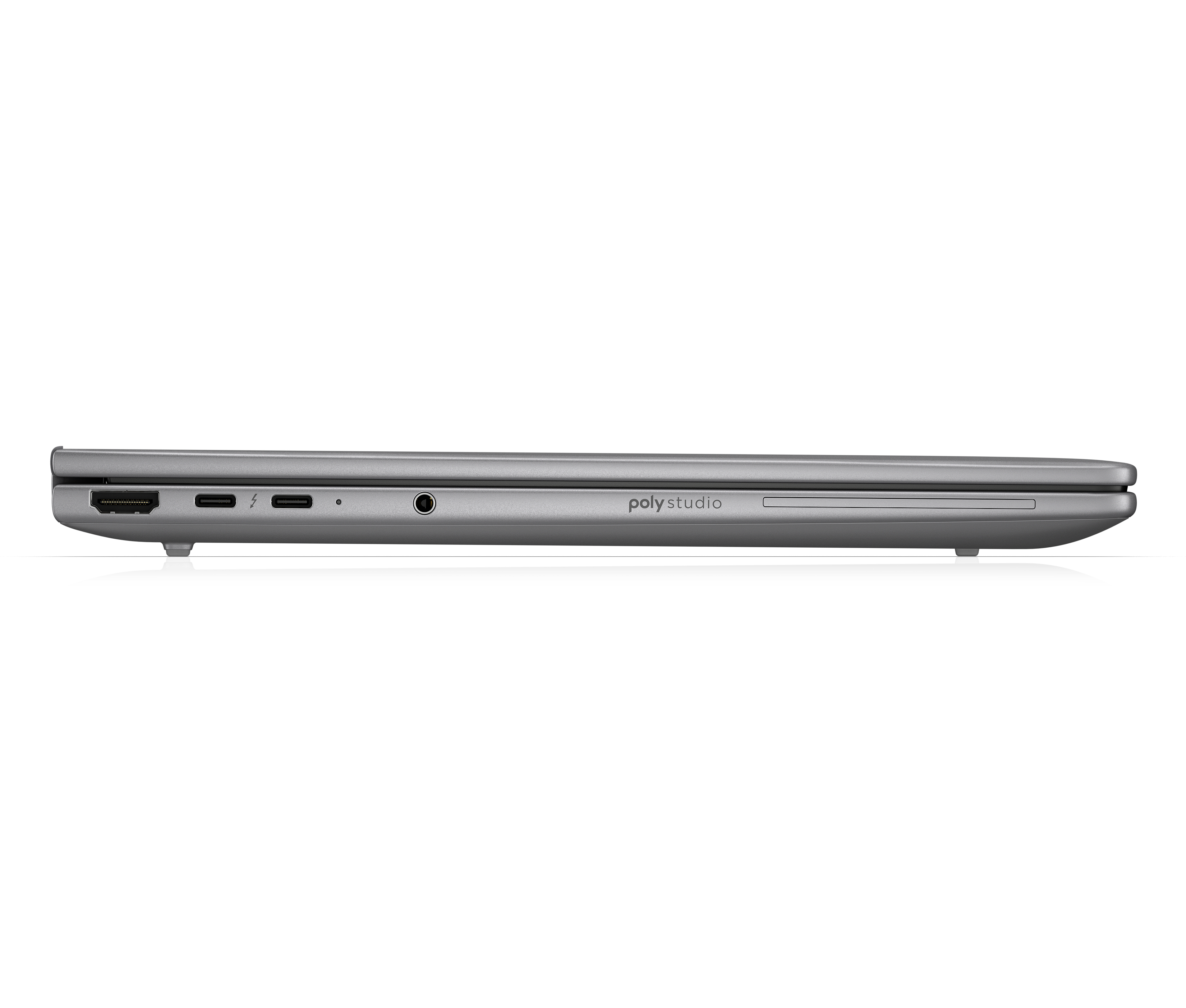 Grijs Poly Studio laptop profiel met poorten: HDMI, USB-C/Thunderbolt, koptelefoon.