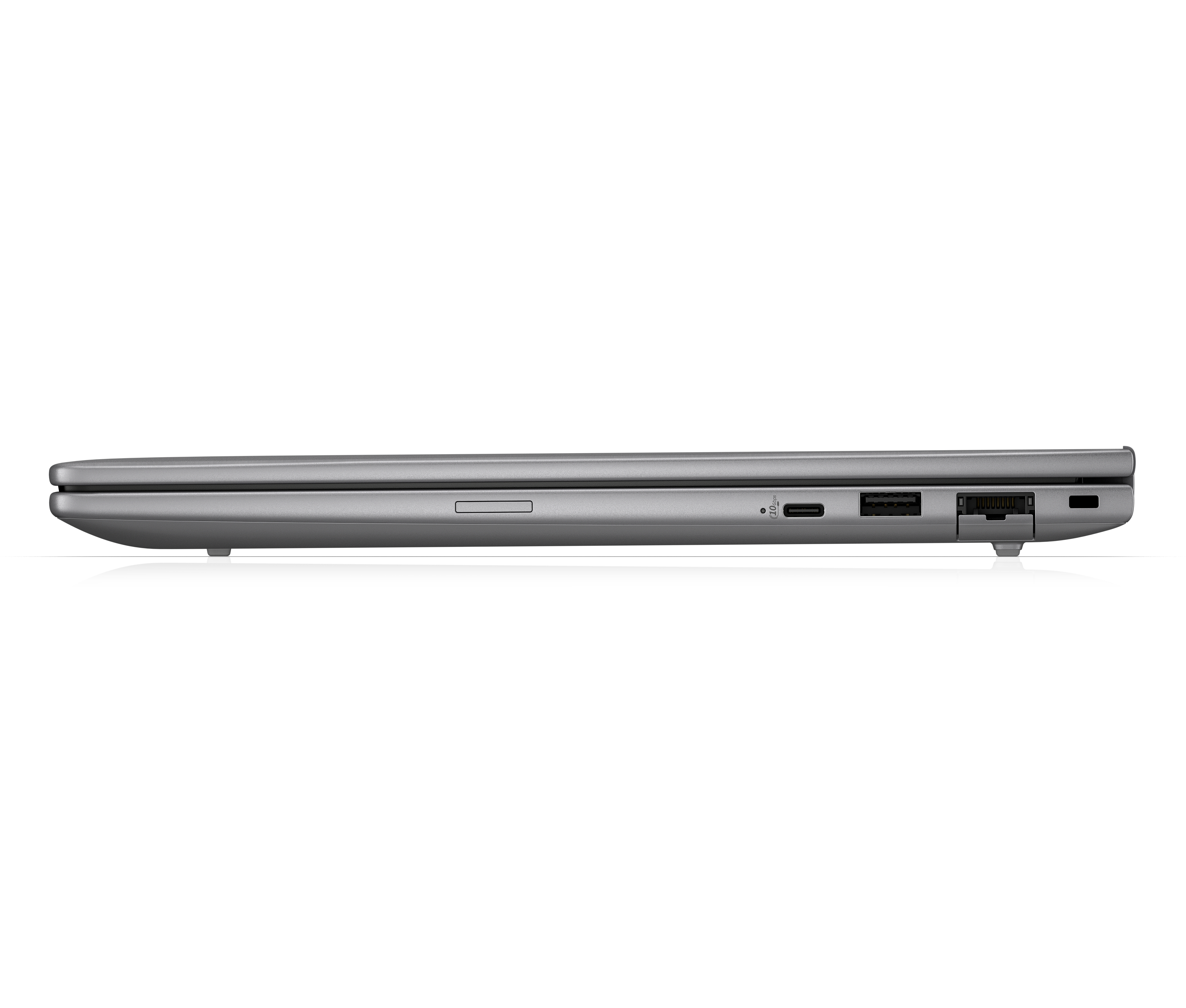 Grijze laptop zijaanzicht met poorten: SD-kaartlezer, USB-C, USB-A.