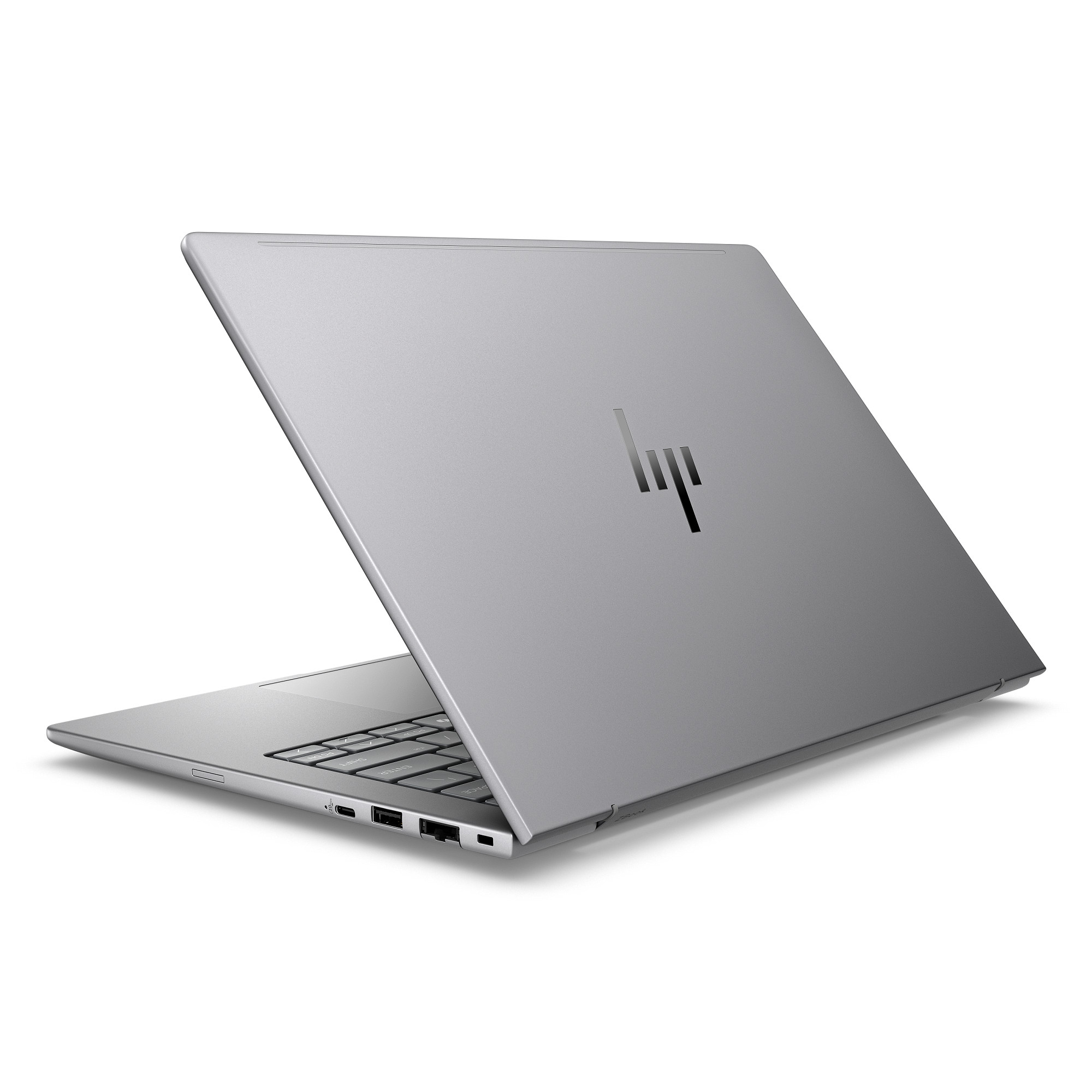 Een zilveren HP laptop met open scherm, waarop de toetsenbordindeling zichtbaar is.