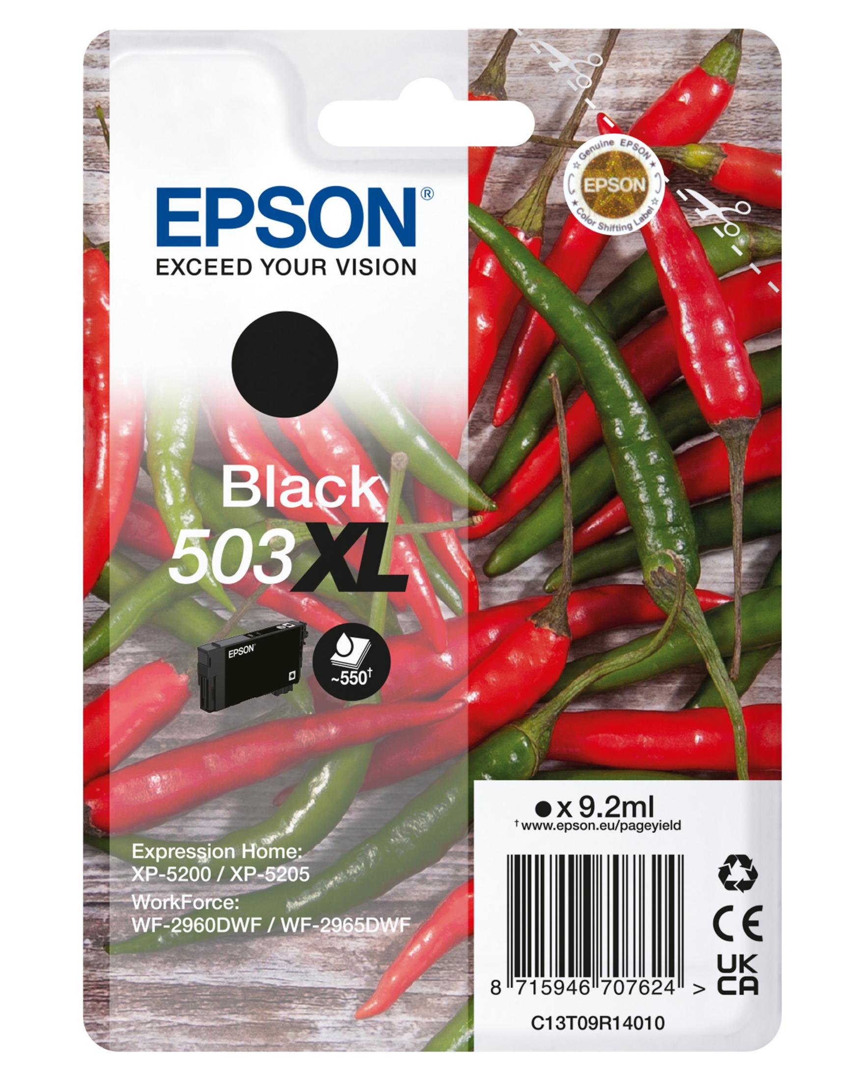 Tusz Epson 503XL czarny z motywem papryczek chili i informacjami o drukarce.
