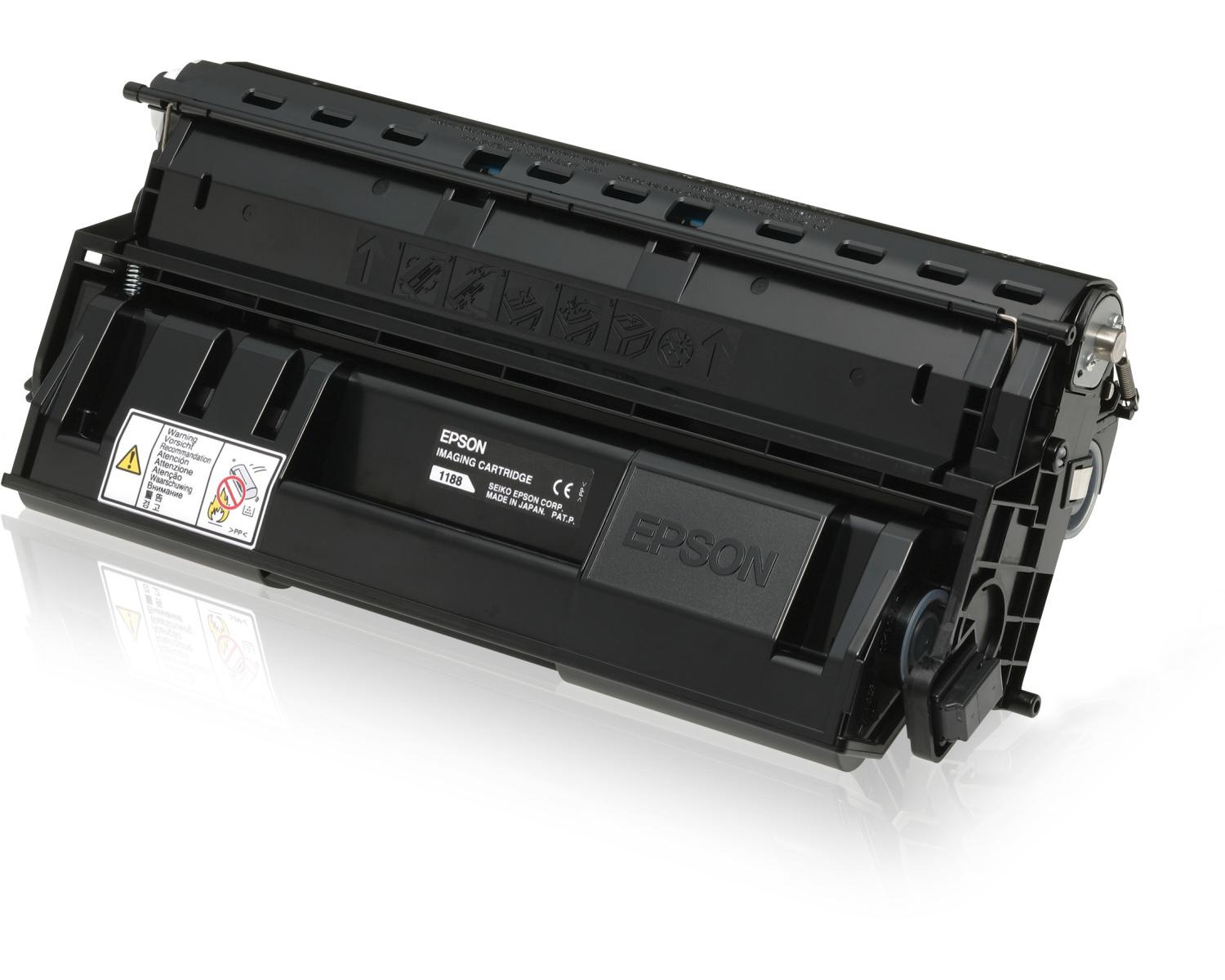 Cartuccia di imaging Epson nera con simboli di avvertenza e marchio CE.