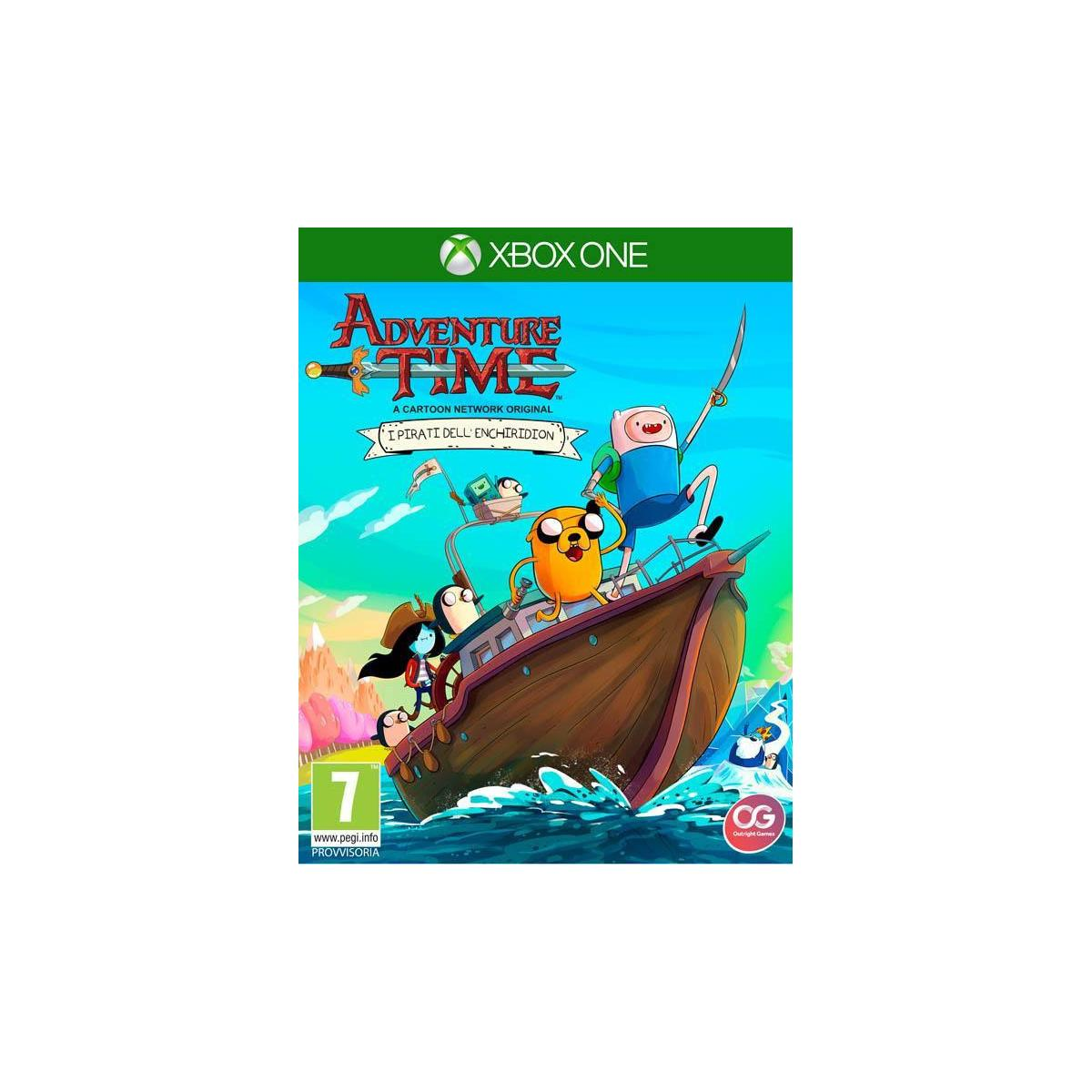 Copertina del gioco Adventure Time per Xbox One con Finn, Jake e amici su una nave.