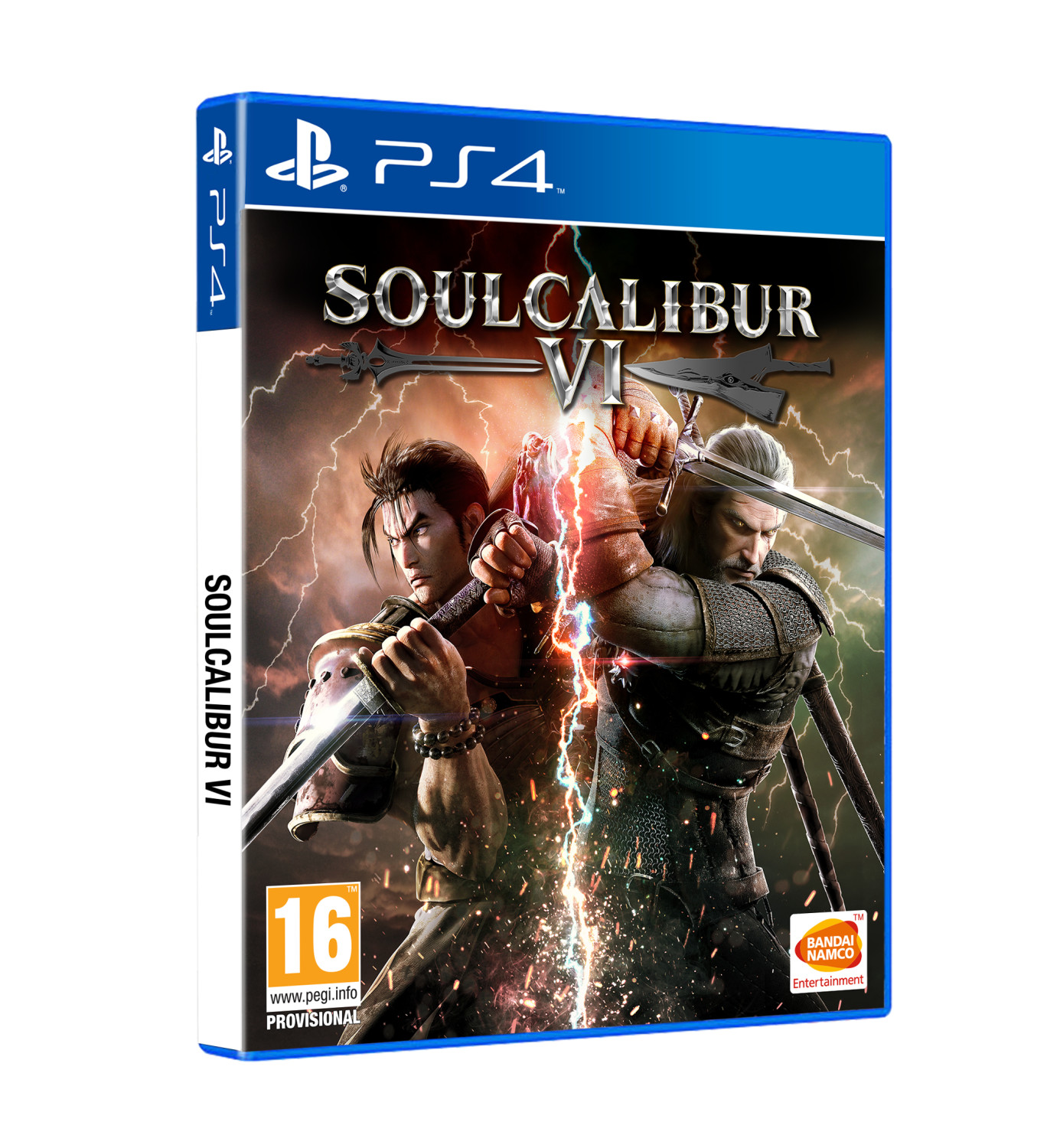 Copertina del gioco PS4 Soulcalibur VI con due uomini che combattono e fulmini.