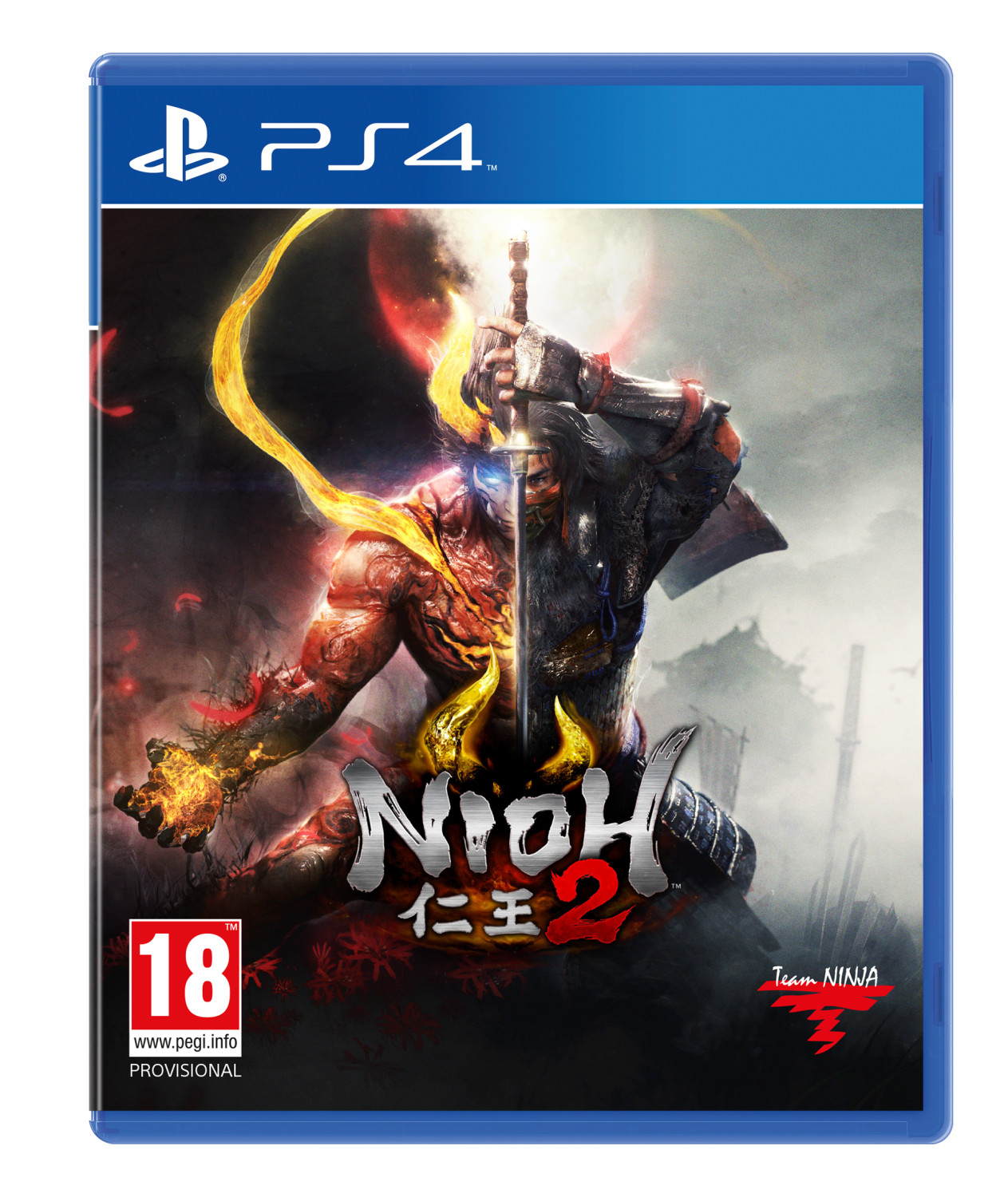 Copertina PS4 Nioh 2: guerriero infuocato regge spada, con rating 18.