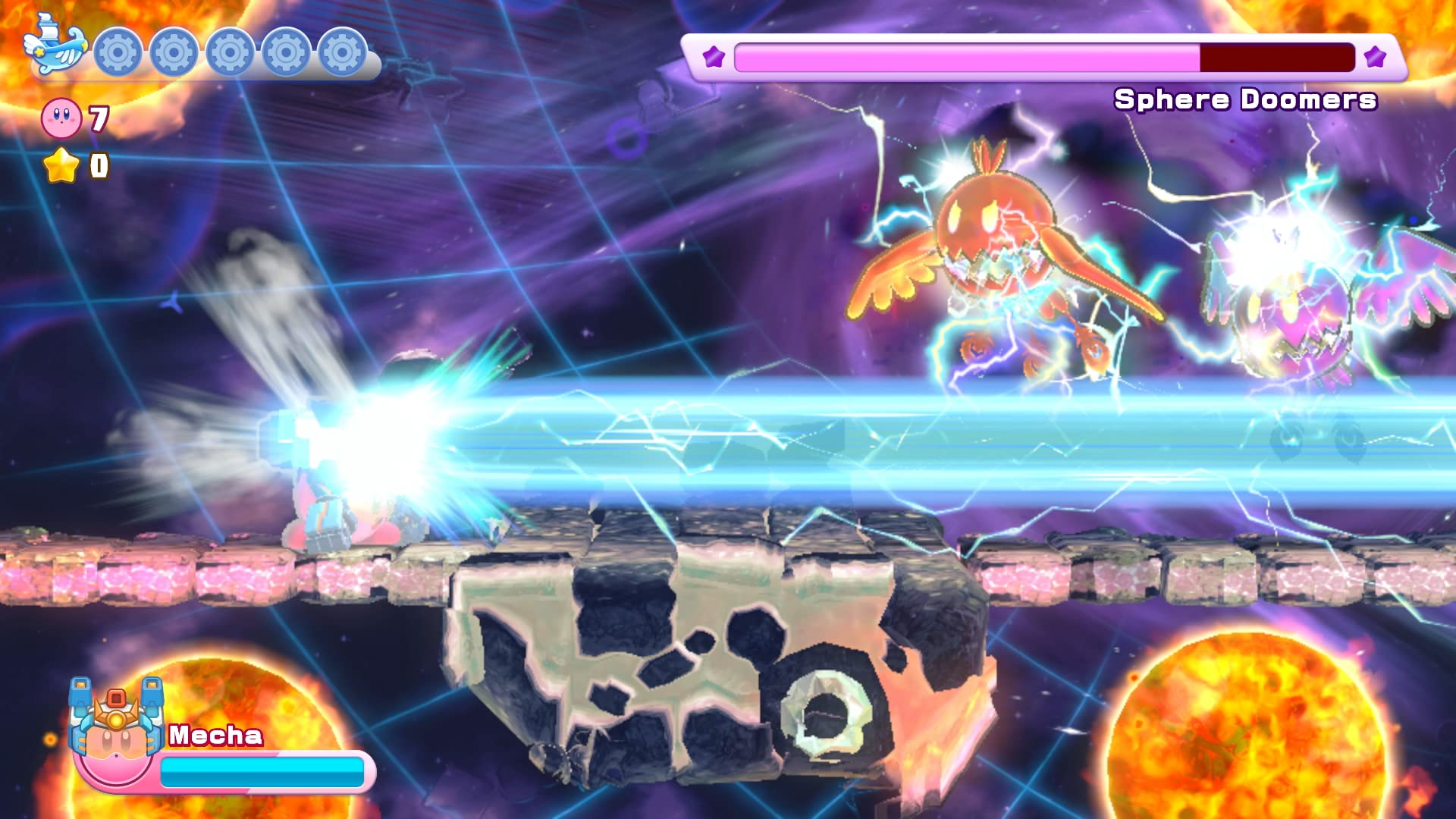 Mecha Kirby spara un laser contro Sphere Doomers in una battaglia spaziale.