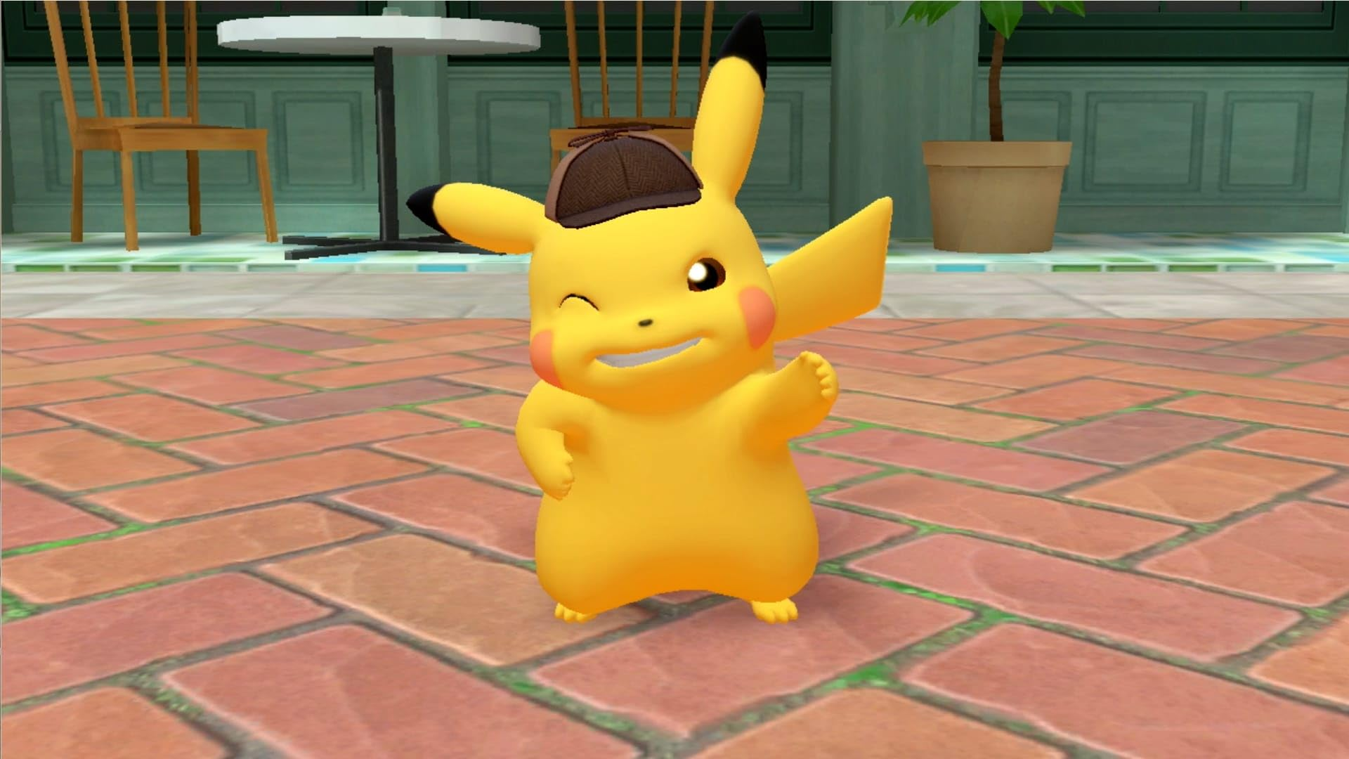 Pikachu indossa un cappello da detective, strizzando l'occhio su un sentiero di mattoni.