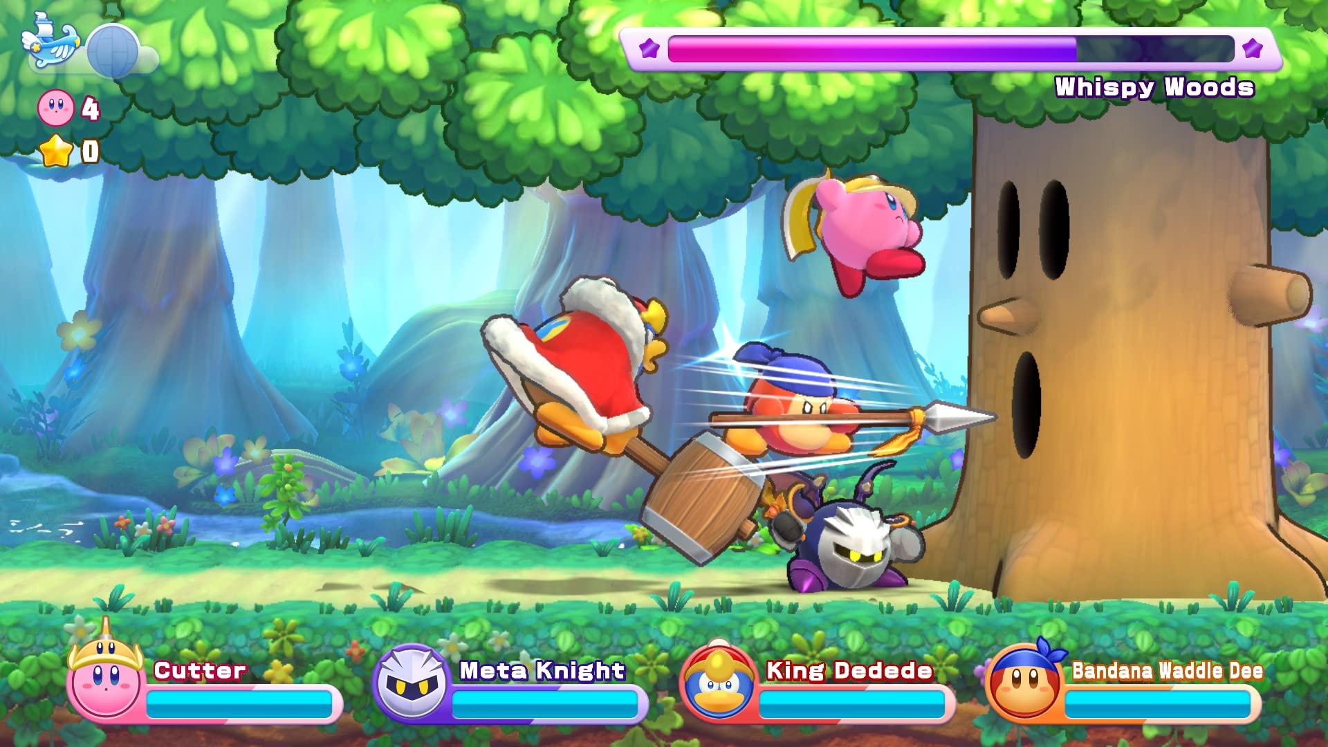 Personaggi Kirby che combattono in una foresta