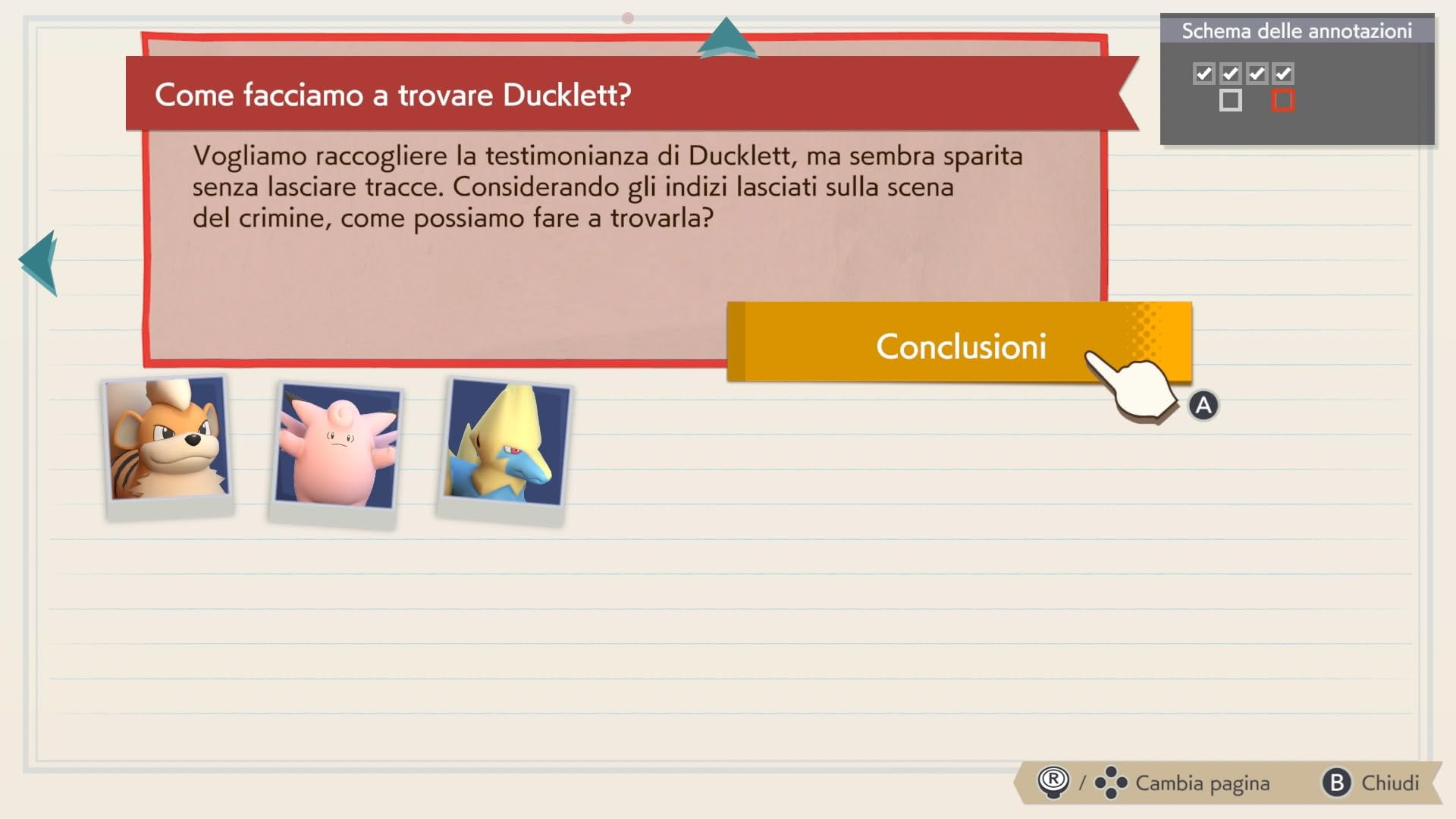 Tre carte Pokémon sotto un testo. Un cursore indica 'Conclusioni'.